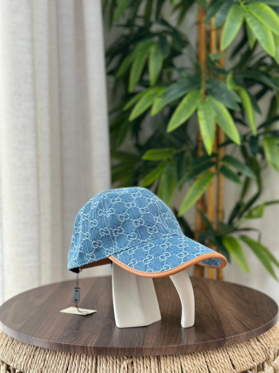 GG Denim Baseball Hat with Leather Trim (Light Blue)