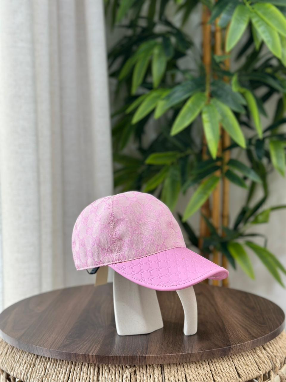 Gucci GG Canvas Baseball Hat with GG Embossed Leather Brim (Pink)