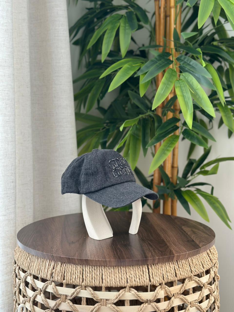 Miu Miu Crystal-Embellished Denim Baseball Cap (Black/Dark Grey)