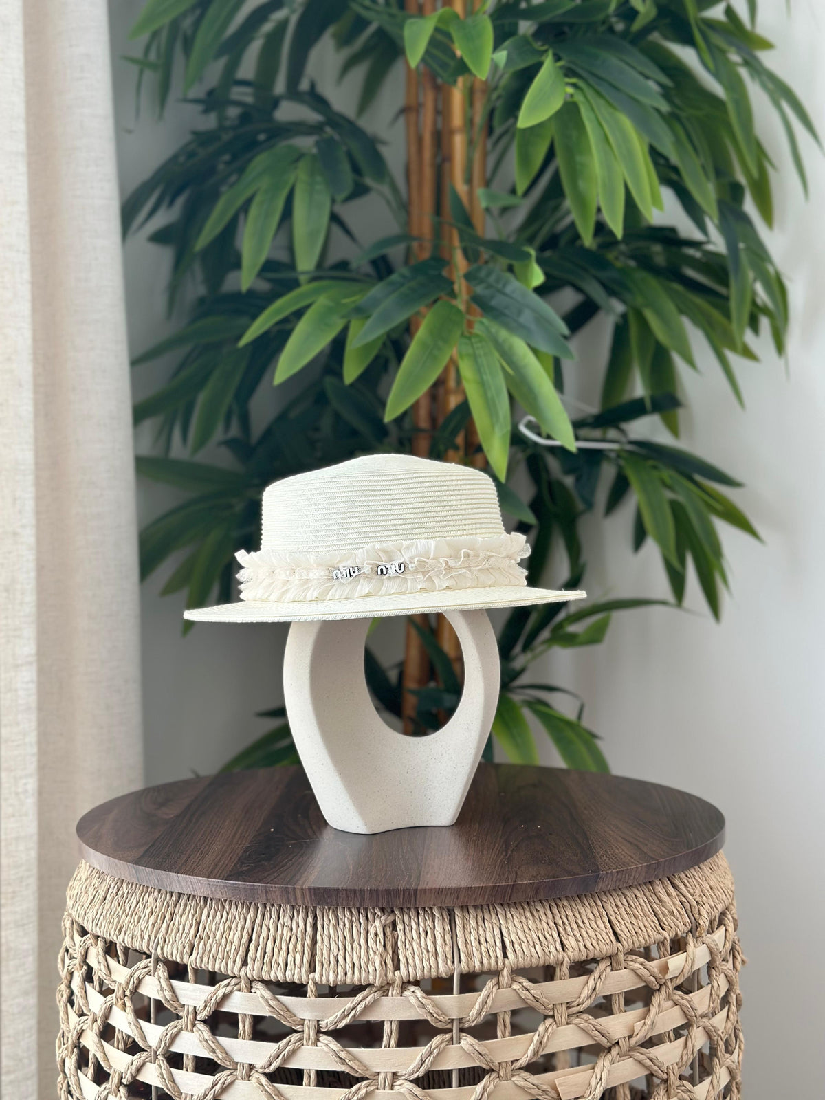 Miu Miu Ruffled Trim Straw Boater Hat (White/Cream)