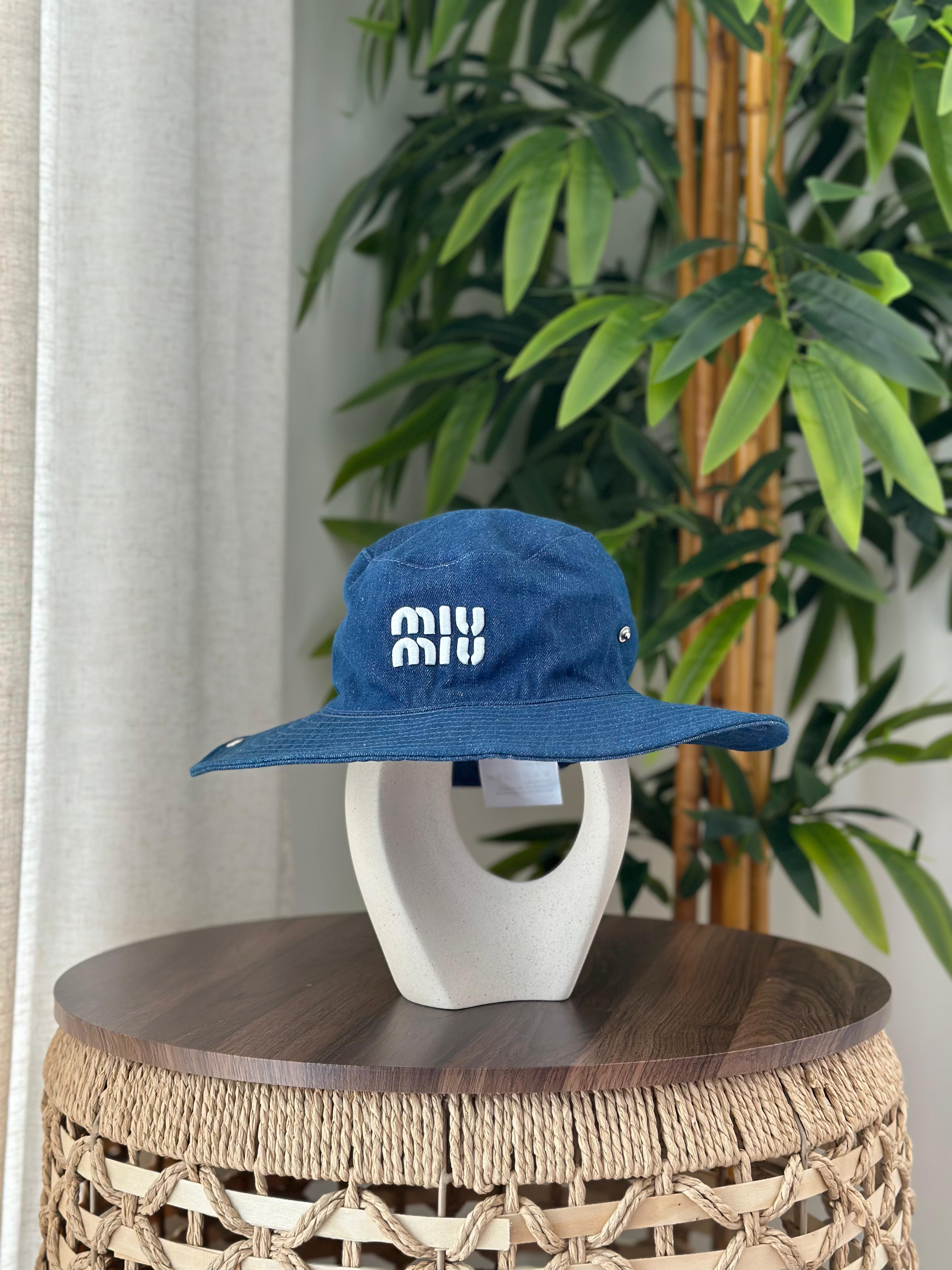 Miu Miu Wide-Brim Denim Bucket Hat (Blue)