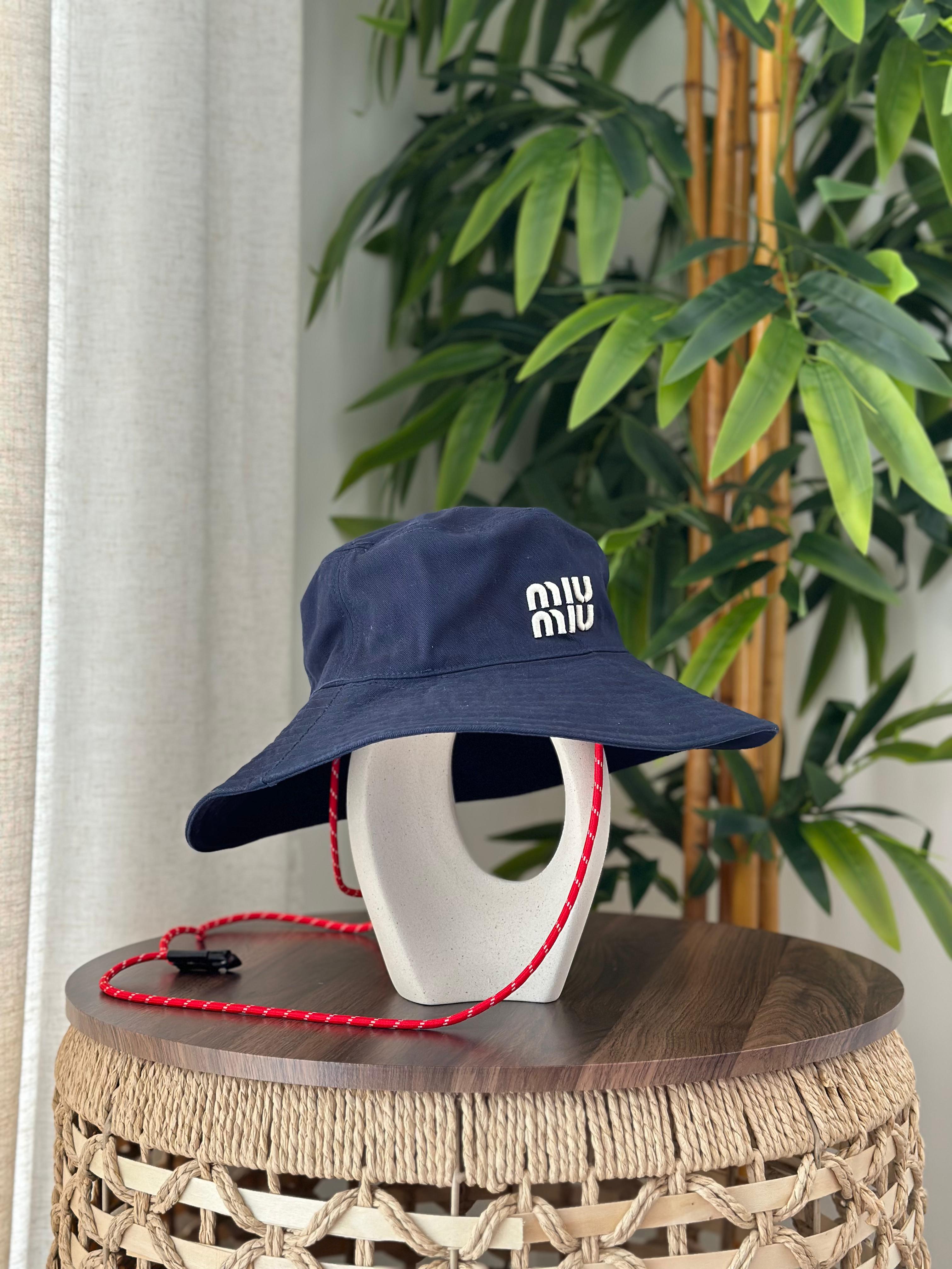 Miu Miu Wide-Brim Drill Bucket Hat with Rope Strap (Navy Blue)