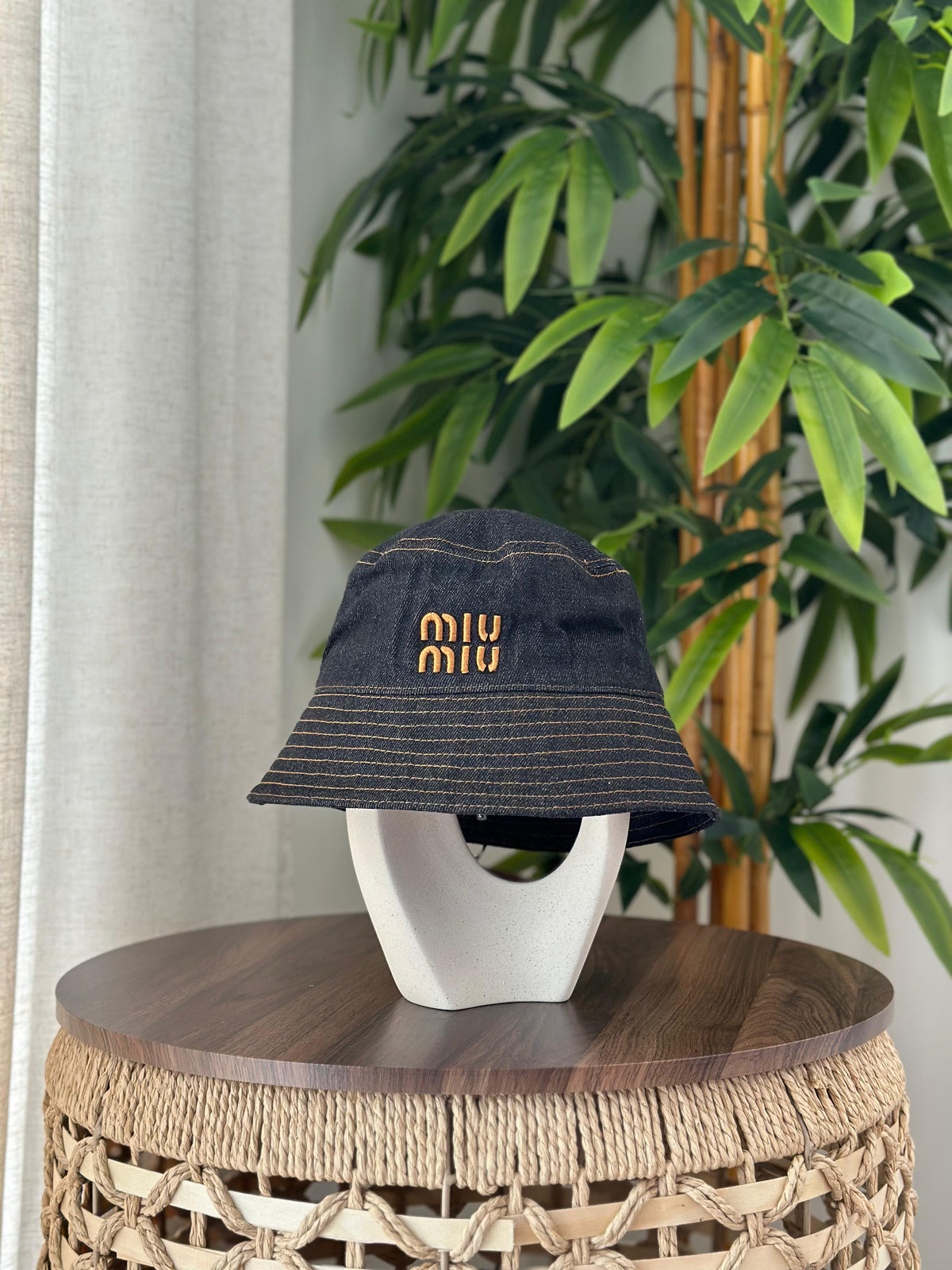 Miu Miu Denim Bucket Hat (Dark Blue/Gold Stitch)