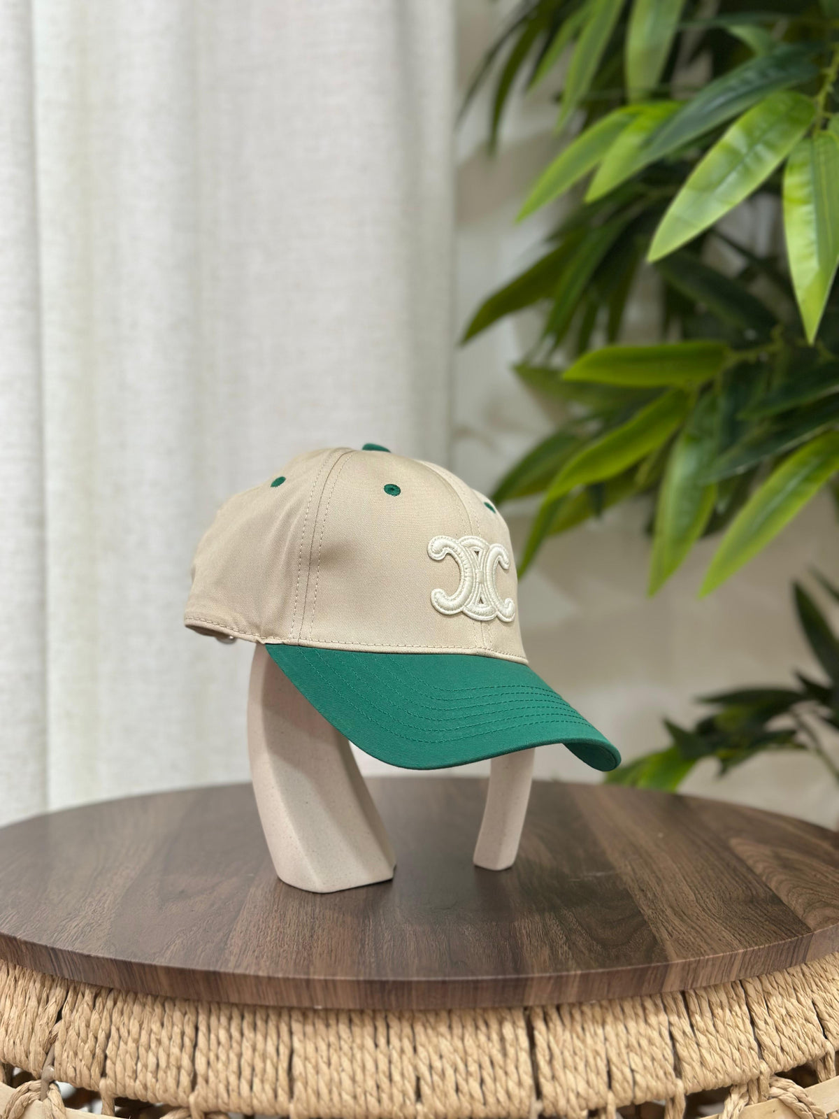 Celine Two-Tone Triomphe Baseball Cap (Beige/Green)