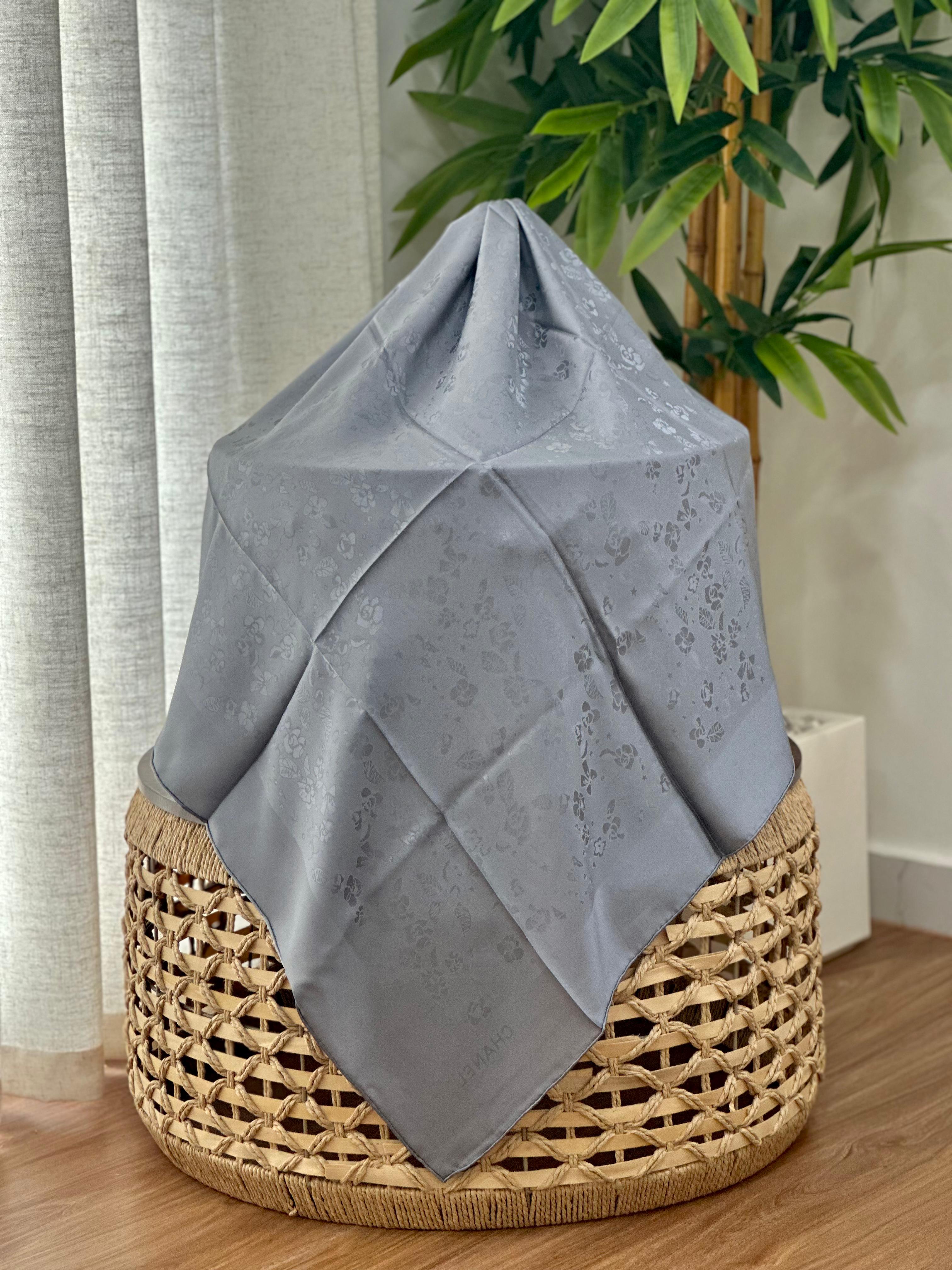 Chanel Camellia Jacquard Silk Scarf (Steel Grey)