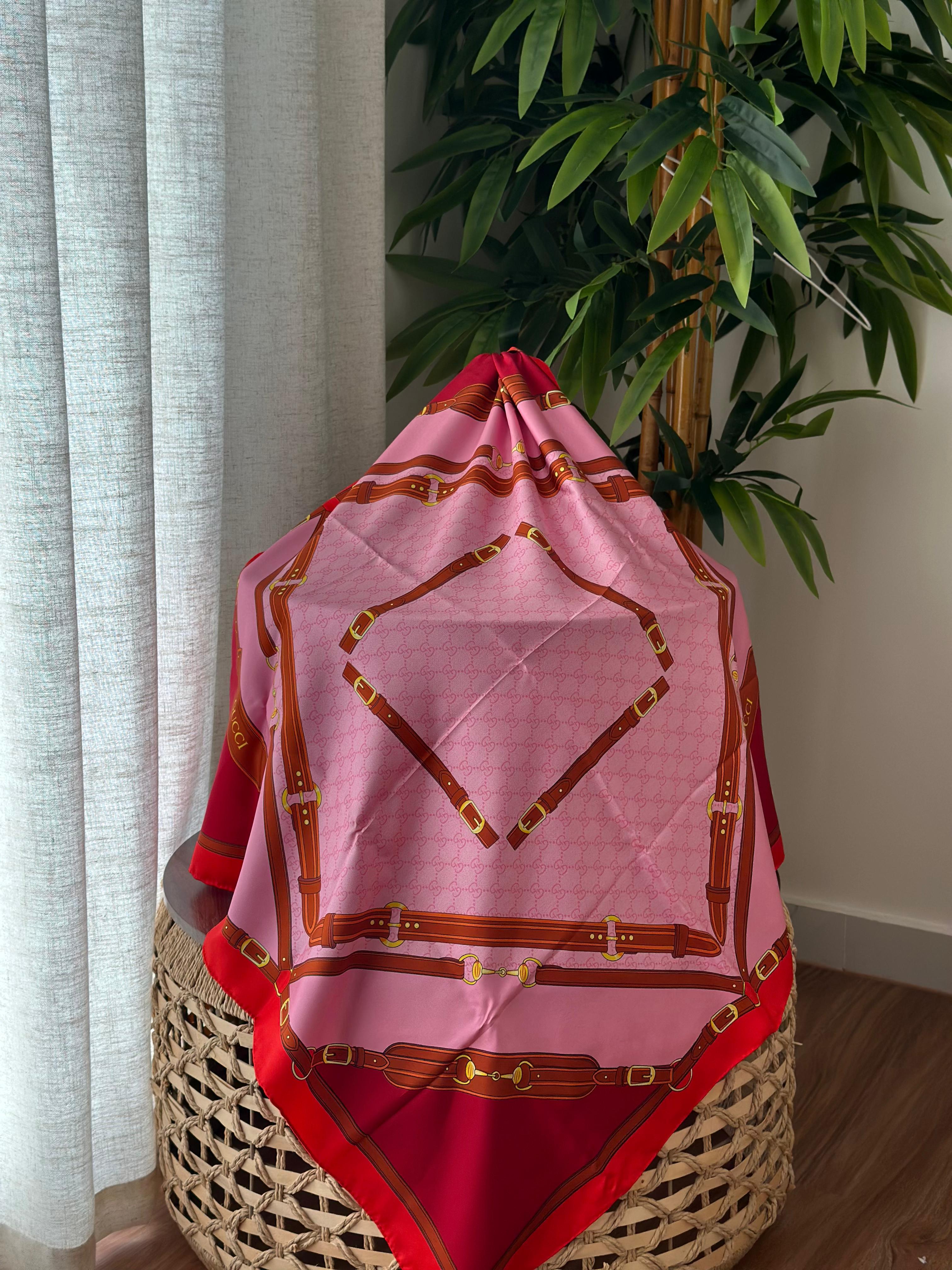 Gucci Belt Print Silk Scarf (Pink/Red)