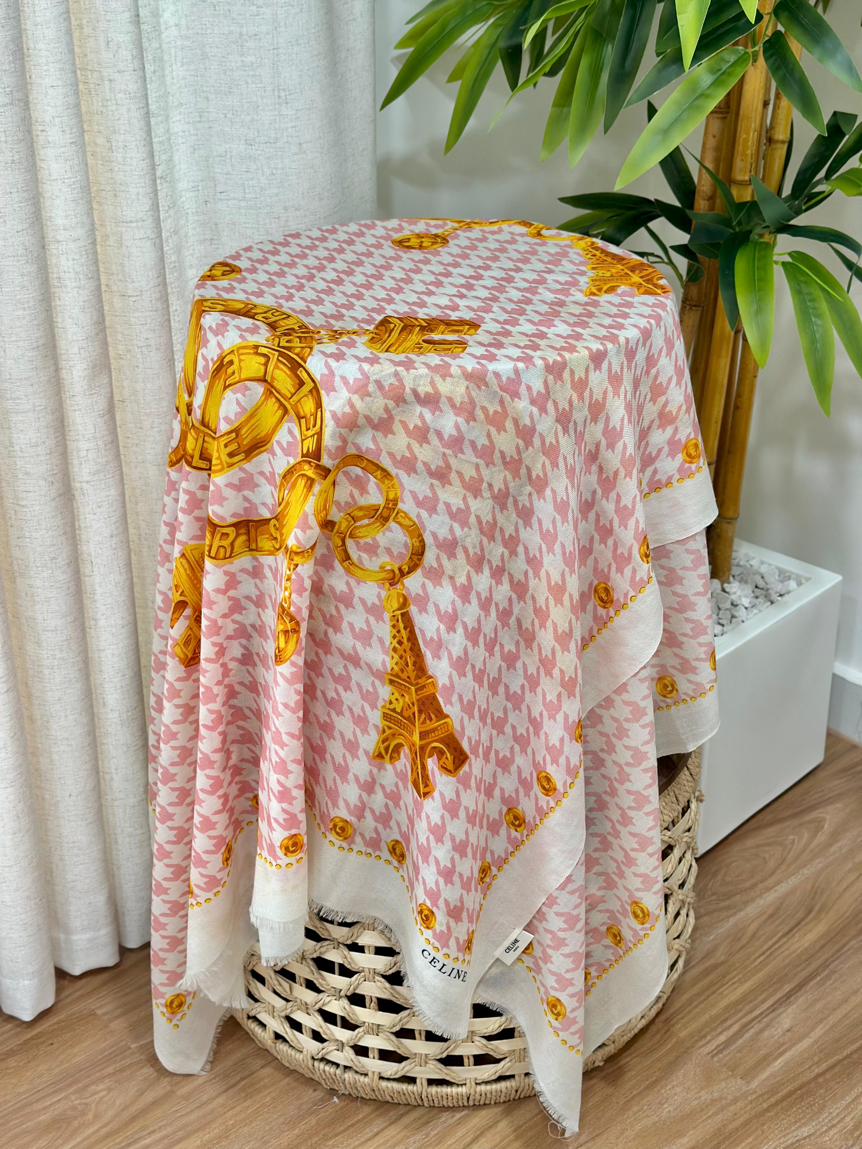 Celine Houndstooth Eiffel Tower Scarf (Pink/White/Gold)