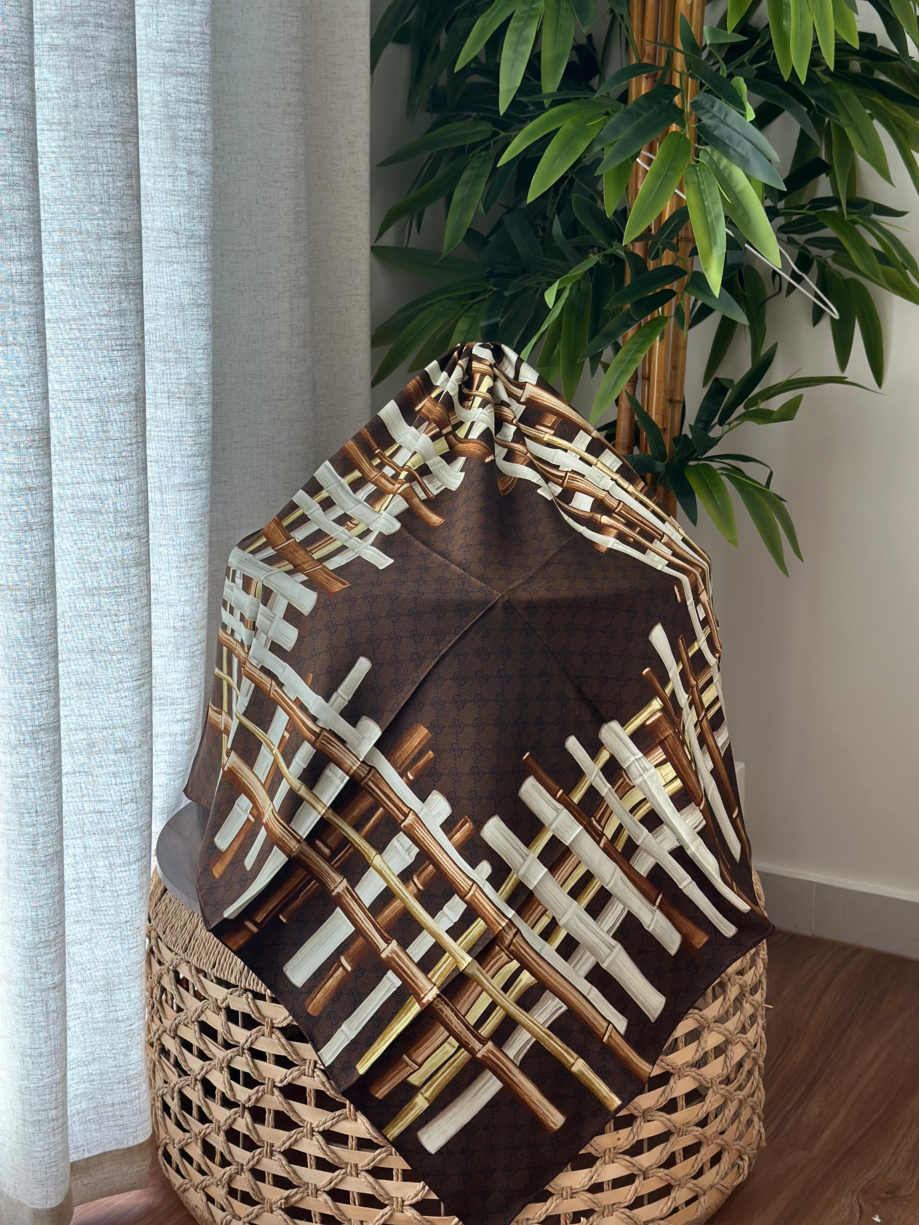 Gucci Bamboo Print Silk Scarf (Brown/White/Gold)