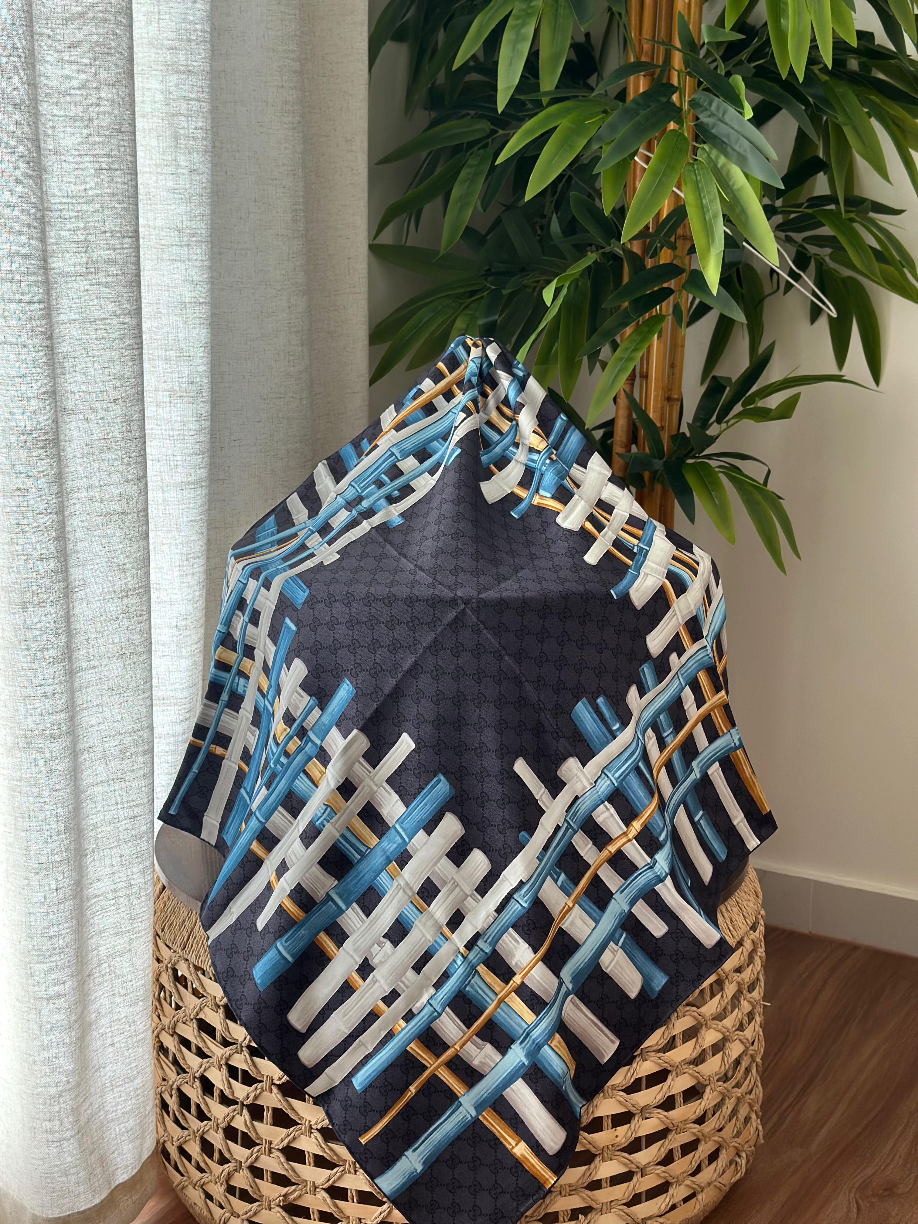 Gucci Bamboo Print Silk Scarf (Black/Blue/White)