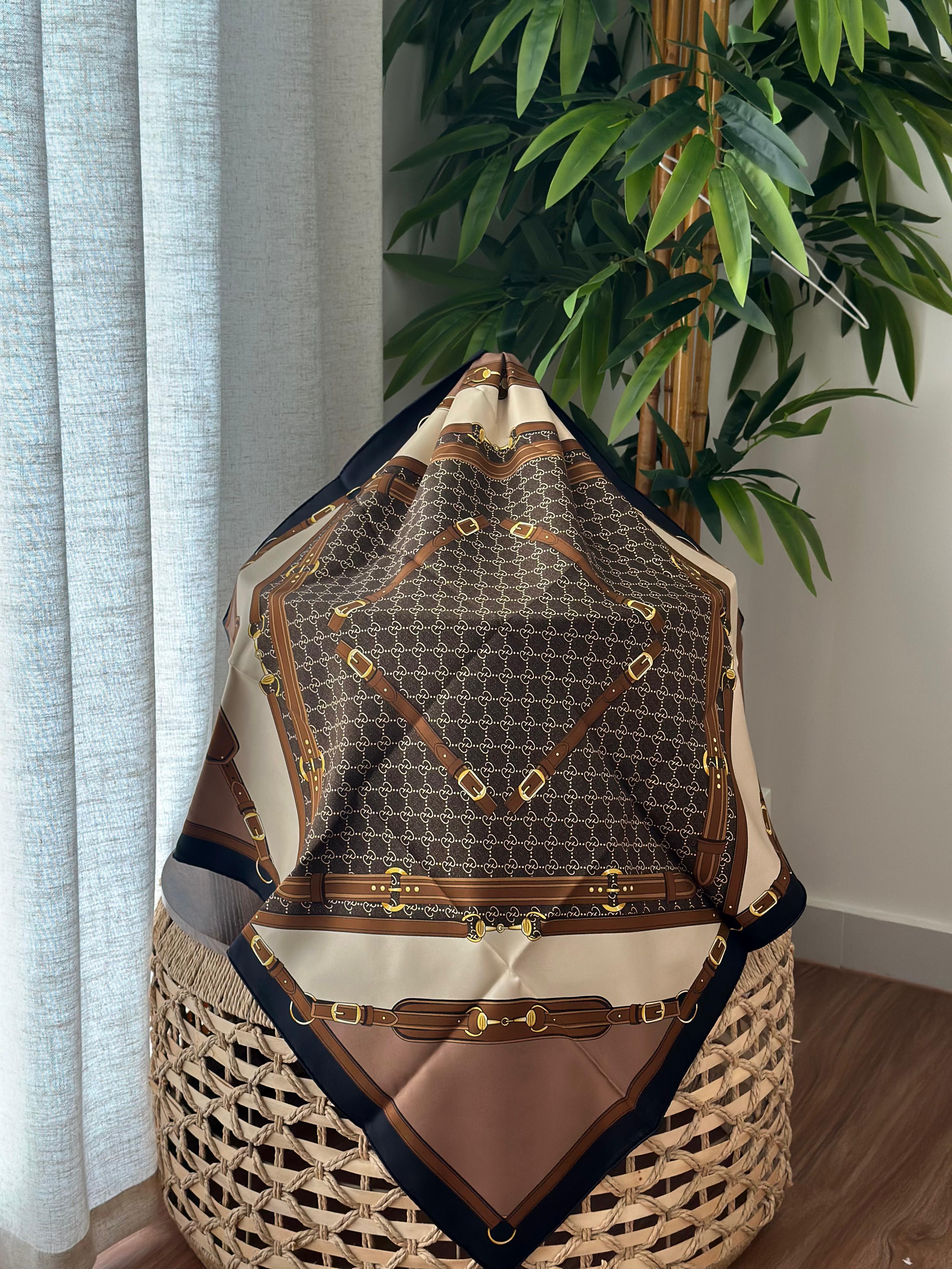 Gucci Belt Print Silk Scarf (Brown/Black/Cream)