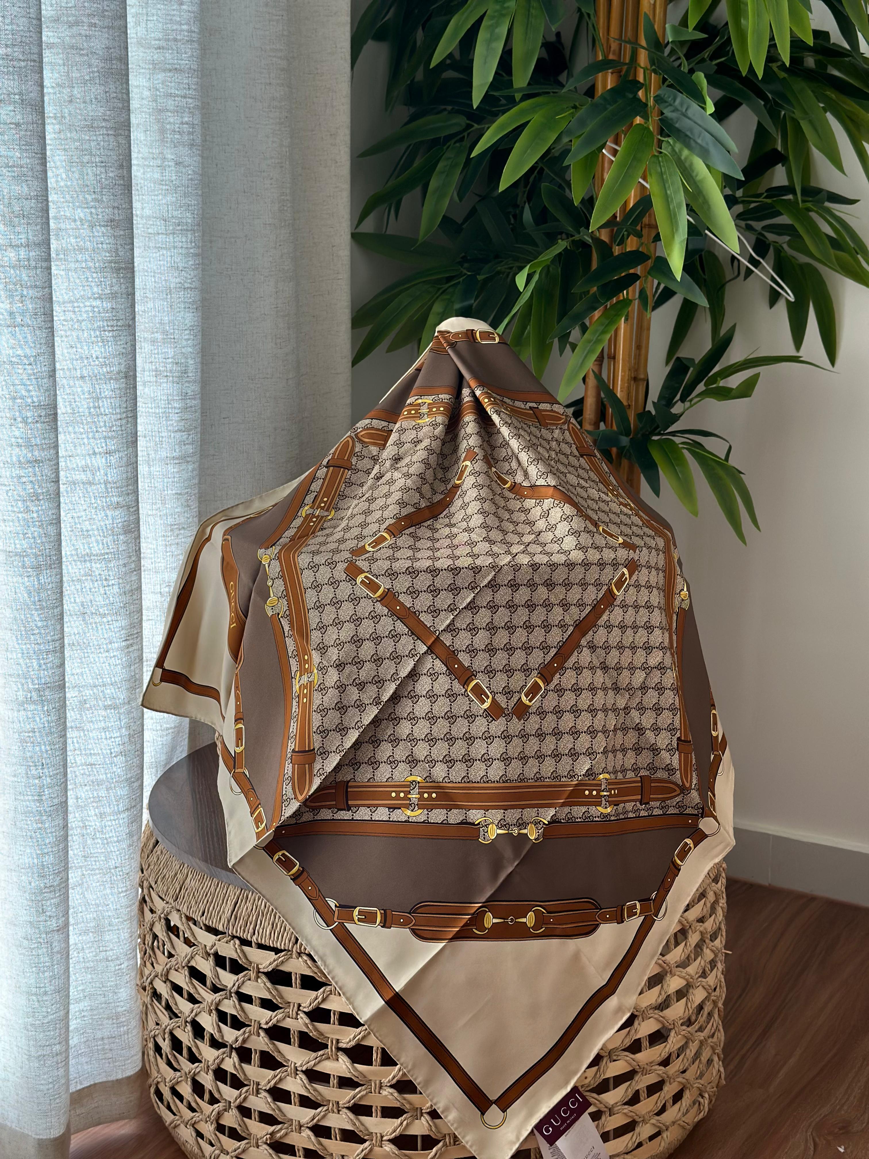 Gucci Belt Print Silk Scarf (Beige/Brown)