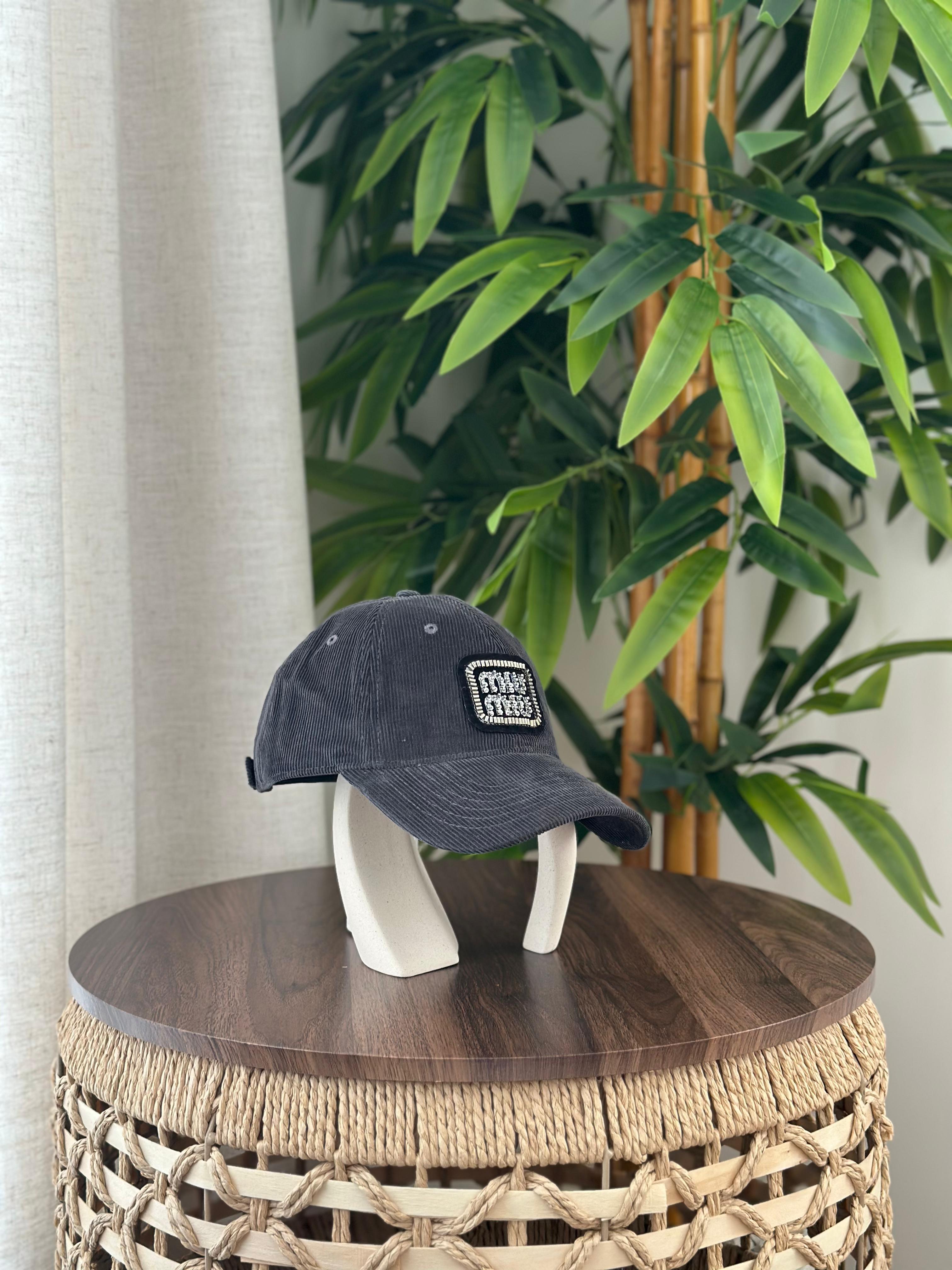 Miu Miu Corduroy Crystal Logo Cap (Charcoal)