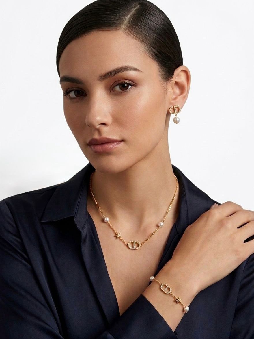 Dior Petit CD Jewelry Set (Gold-Finish Metal with White Resin Pearls and Crystals)