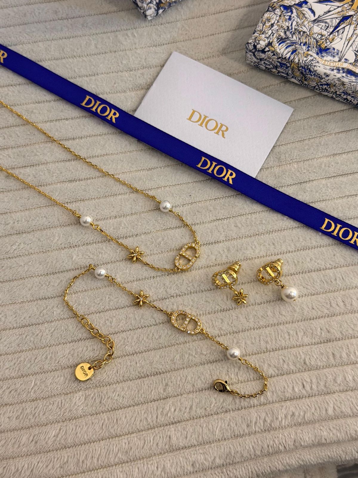 Dior Petit CD Jewelry Set (Gold-Finish Metal with White Resin Pearls and Crystals)
