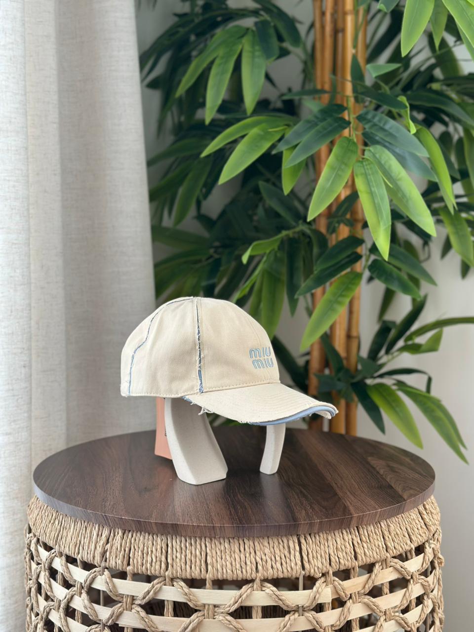 Miu Miu Distressed Denim Baseball Cap (Beige/Sand)
