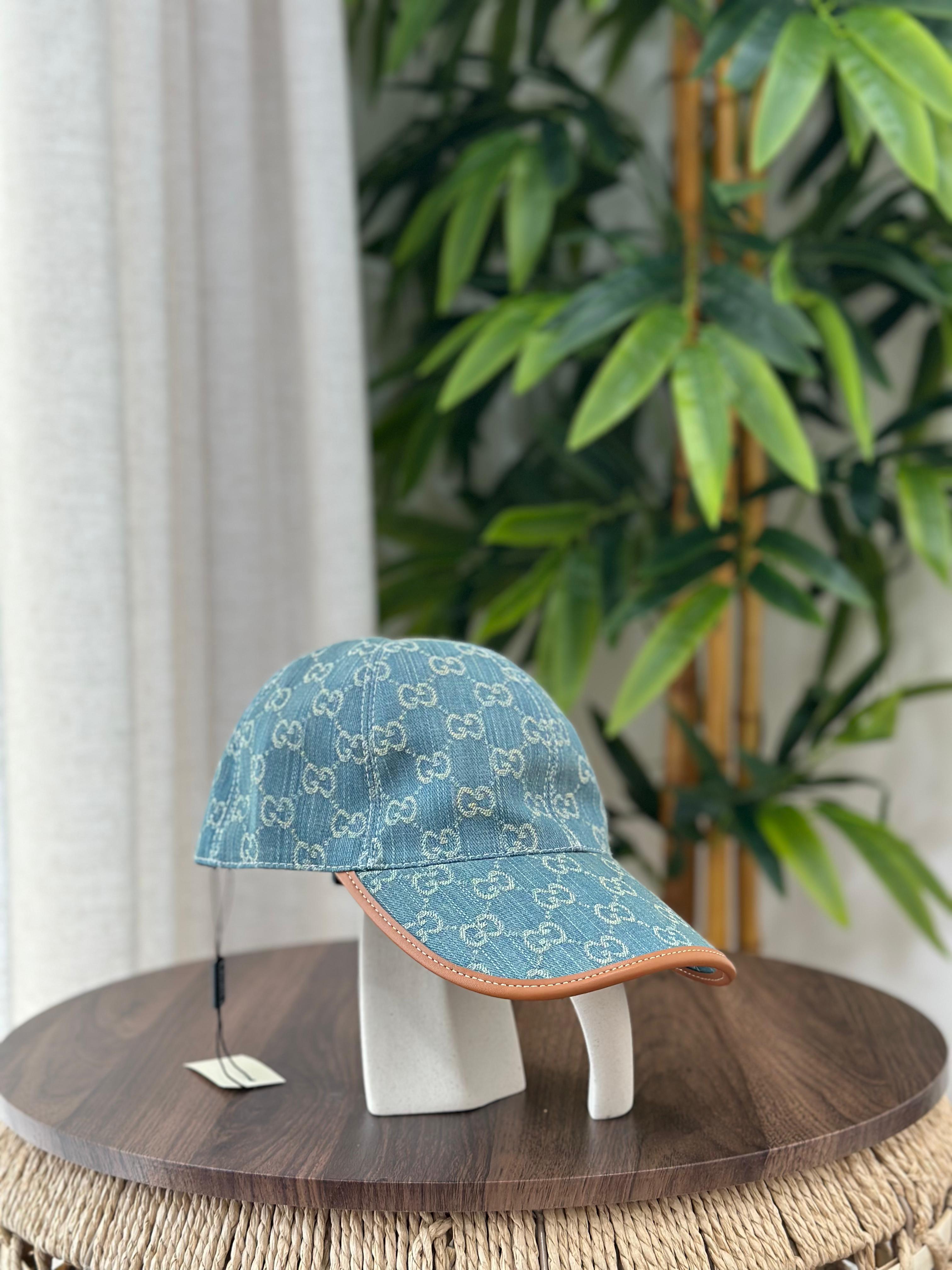 Gucci GG Denim Baseball Hat with Leather Trim (Blue/White)