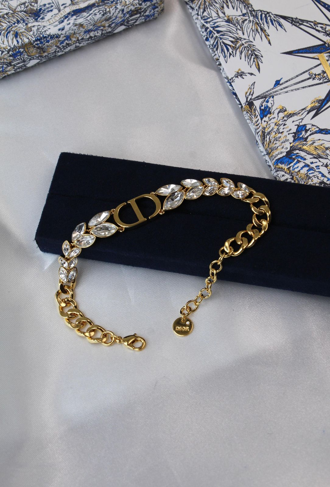 Dior Petit CD Baroque Jewelry Set (Gold-Finish Metal with White Crystals and Resin Pearls)