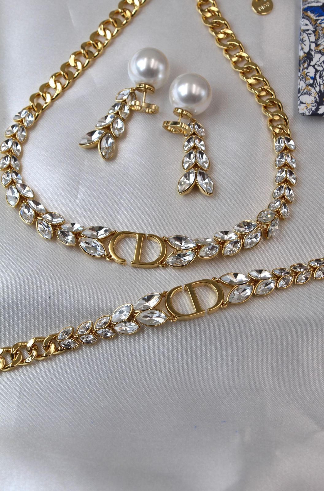 Dior Petit CD Baroque Jewelry Set (Gold-Finish Metal with White Crystals and Resin Pearls)
