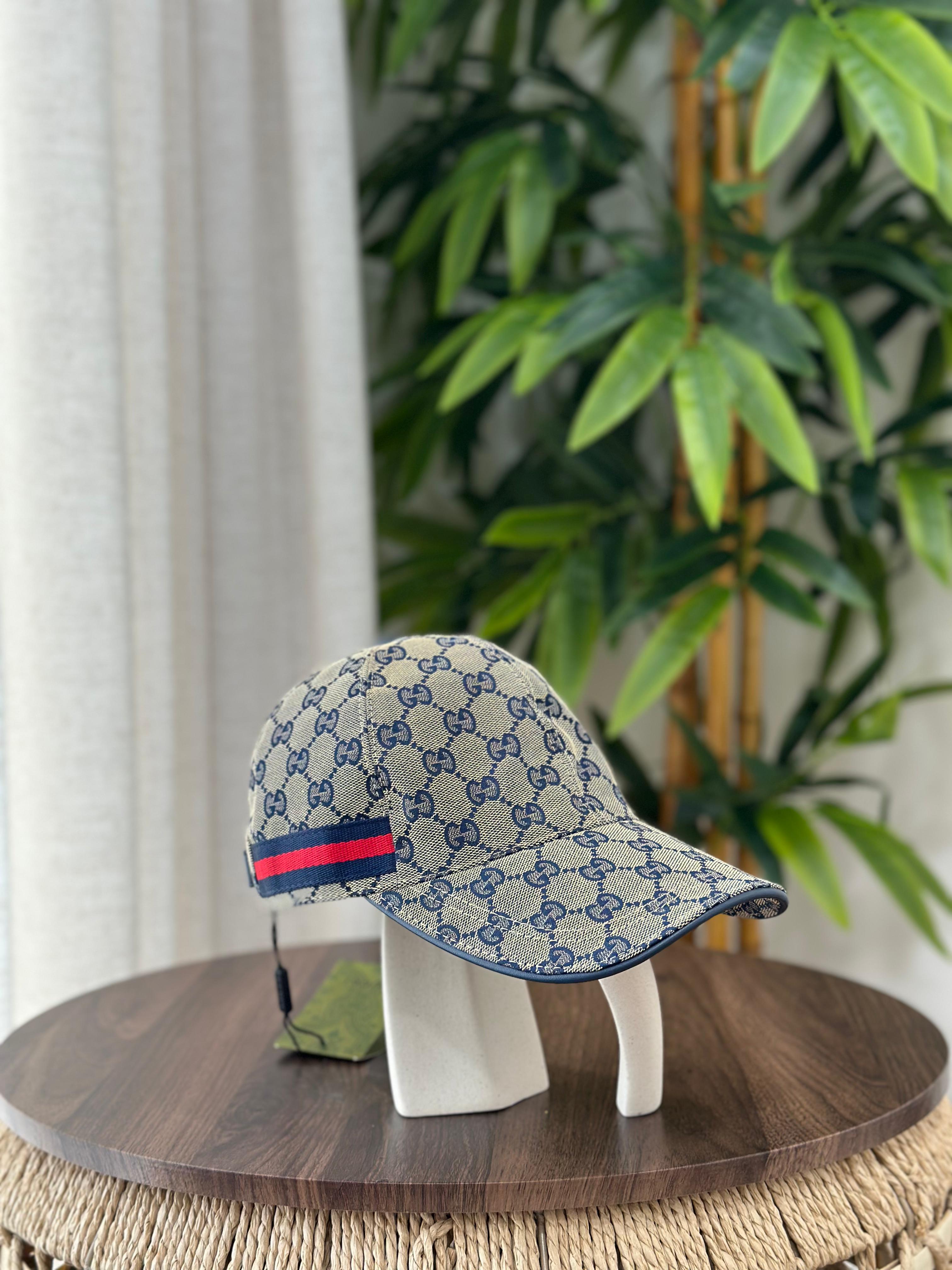 Gucci GG Canvas Baseball Hat with Web Stripe (Beige/Blue)