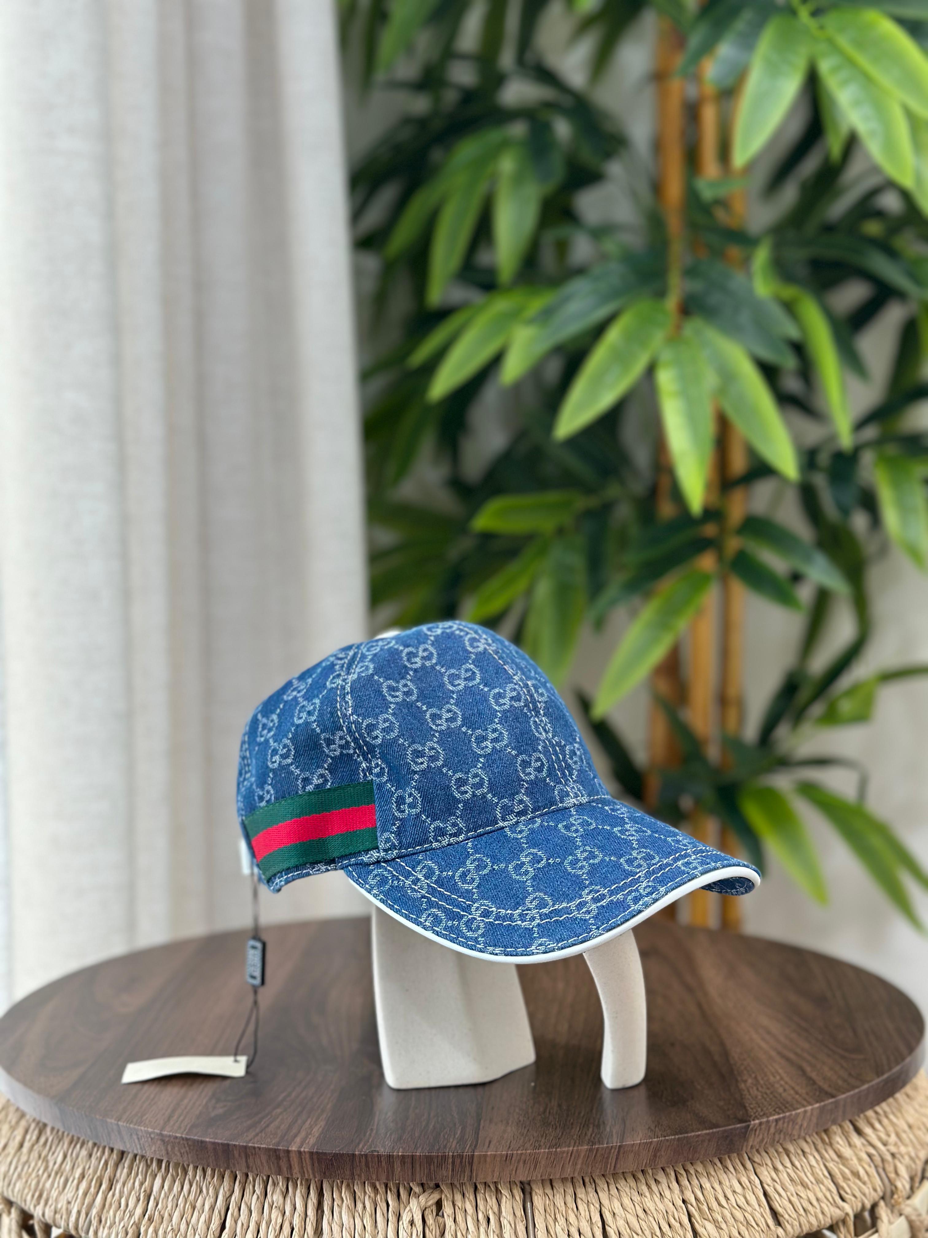 Gucci GG Supreme Monogram Denim Baseball Hat (Blue/White)