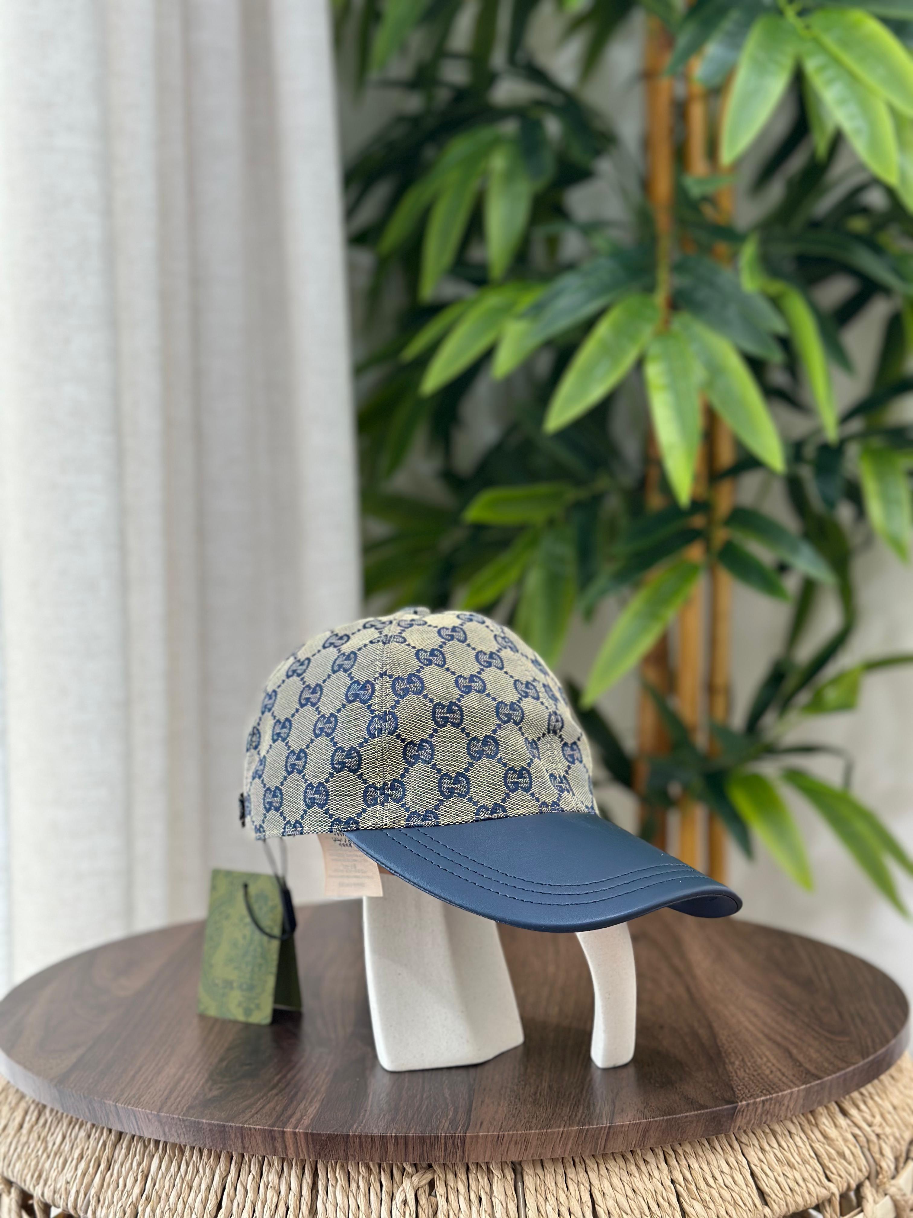 Original GG Canvas Baseball Hat with Leather Visor (Blue/Beige)