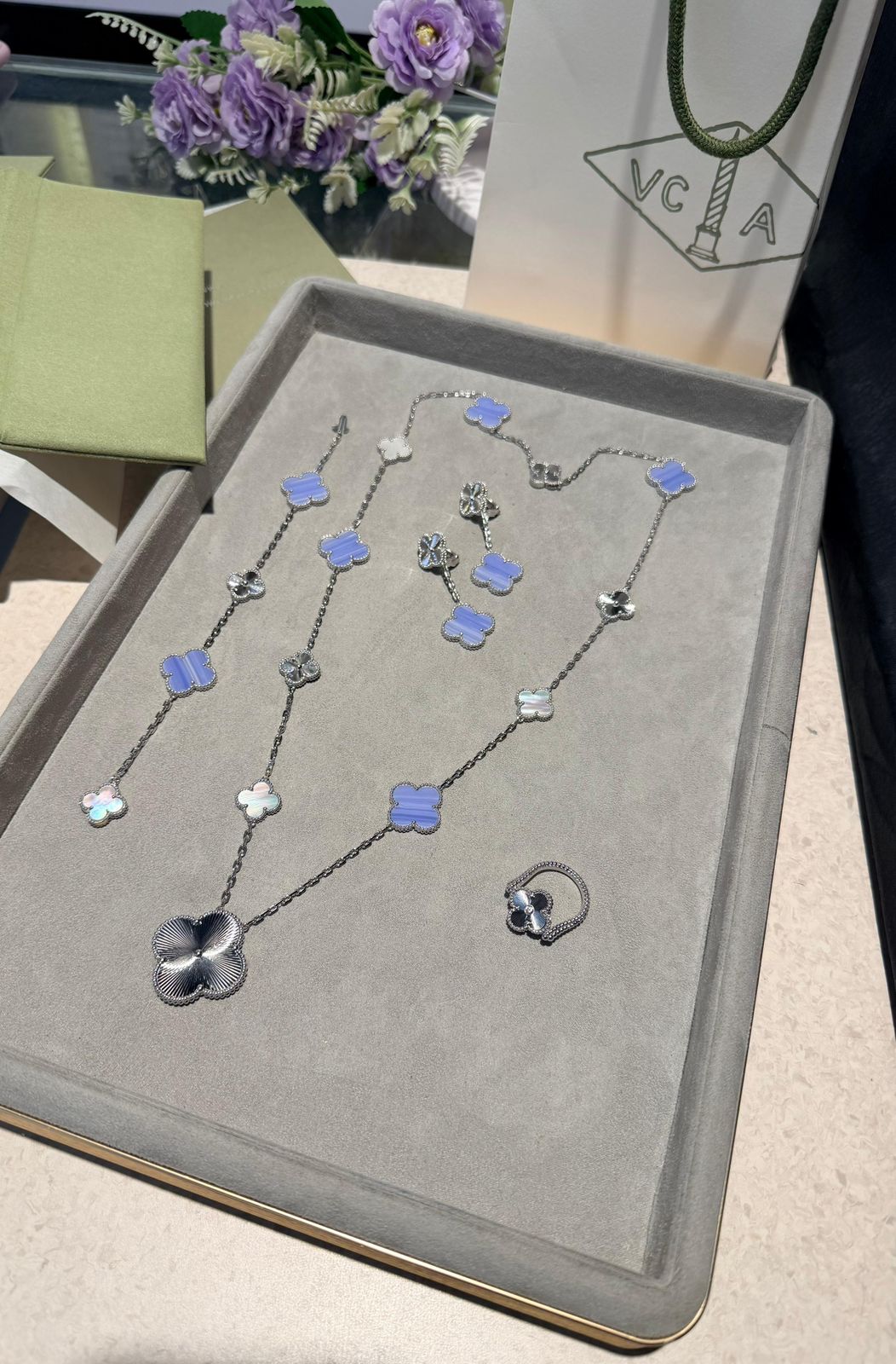 Van Cleef & Arpels Alhambra Jewelry Set (White Gold with Blue Agate, Mother-of-Pearl, and Guilloché)