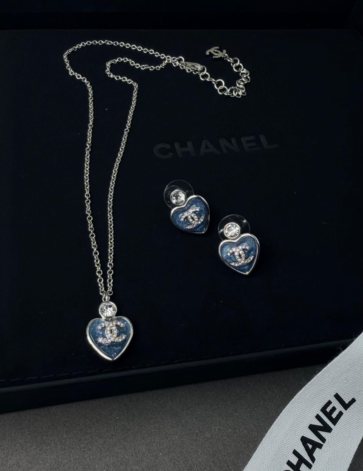 Chanel Heart Necklace and Earring Set (Blue/Silver)