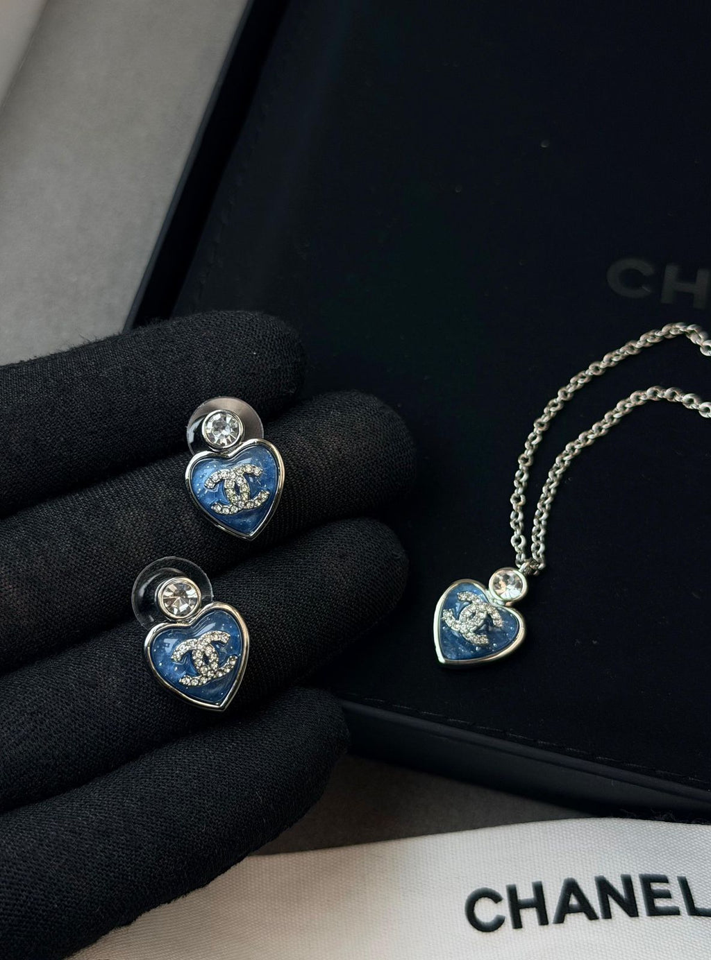 Chanel Heart Necklace and Earring Set (Blue/Silver)