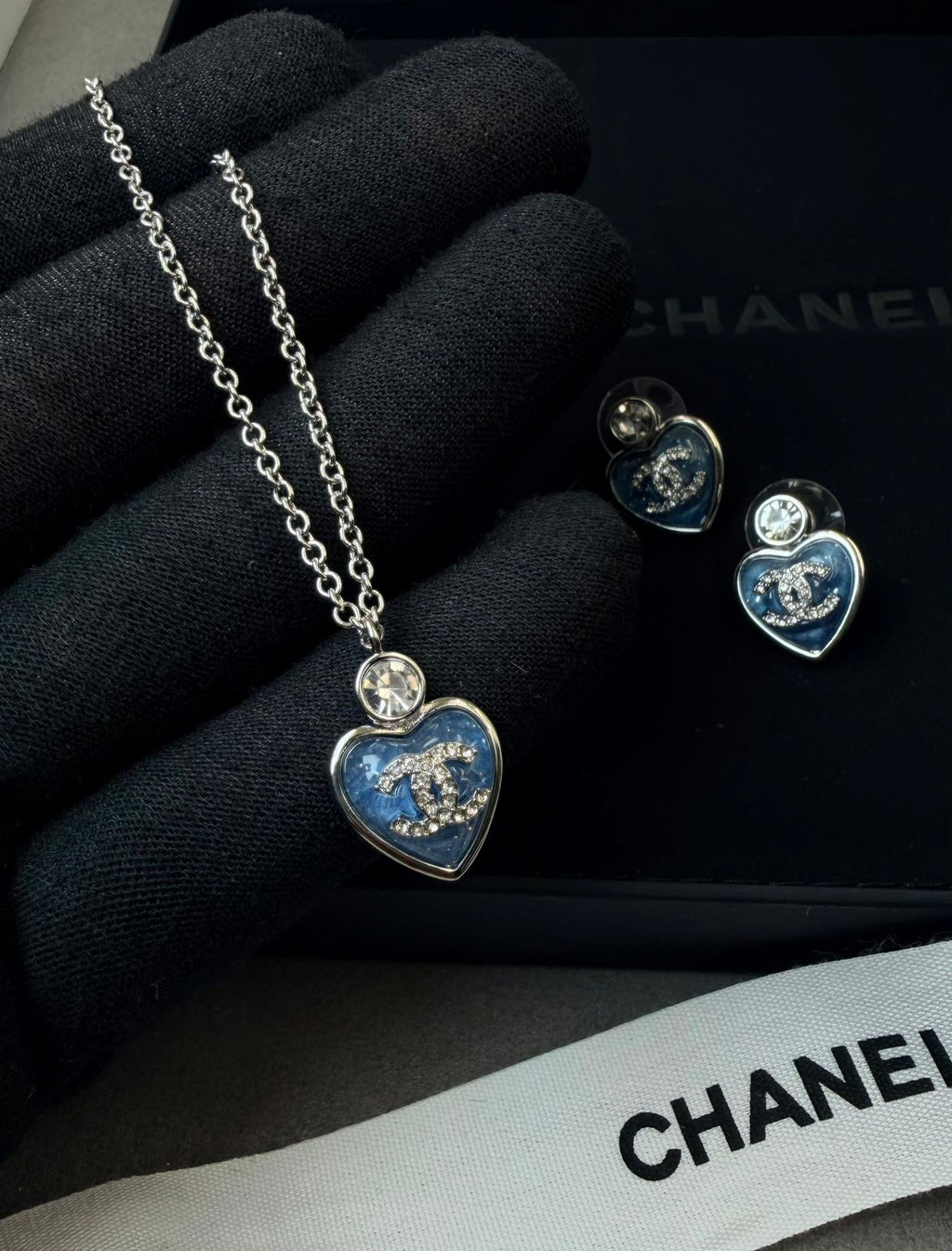 Chanel Heart Necklace and Earring Set (Blue/Silver)