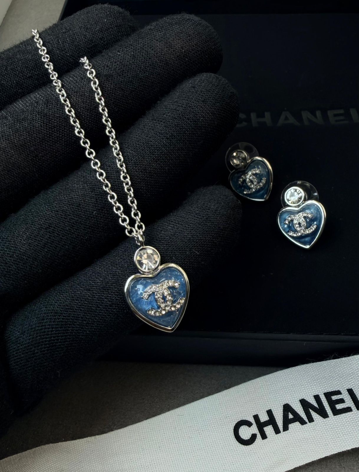 Chanel Heart Necklace and Earring Set (Blue/Silver)