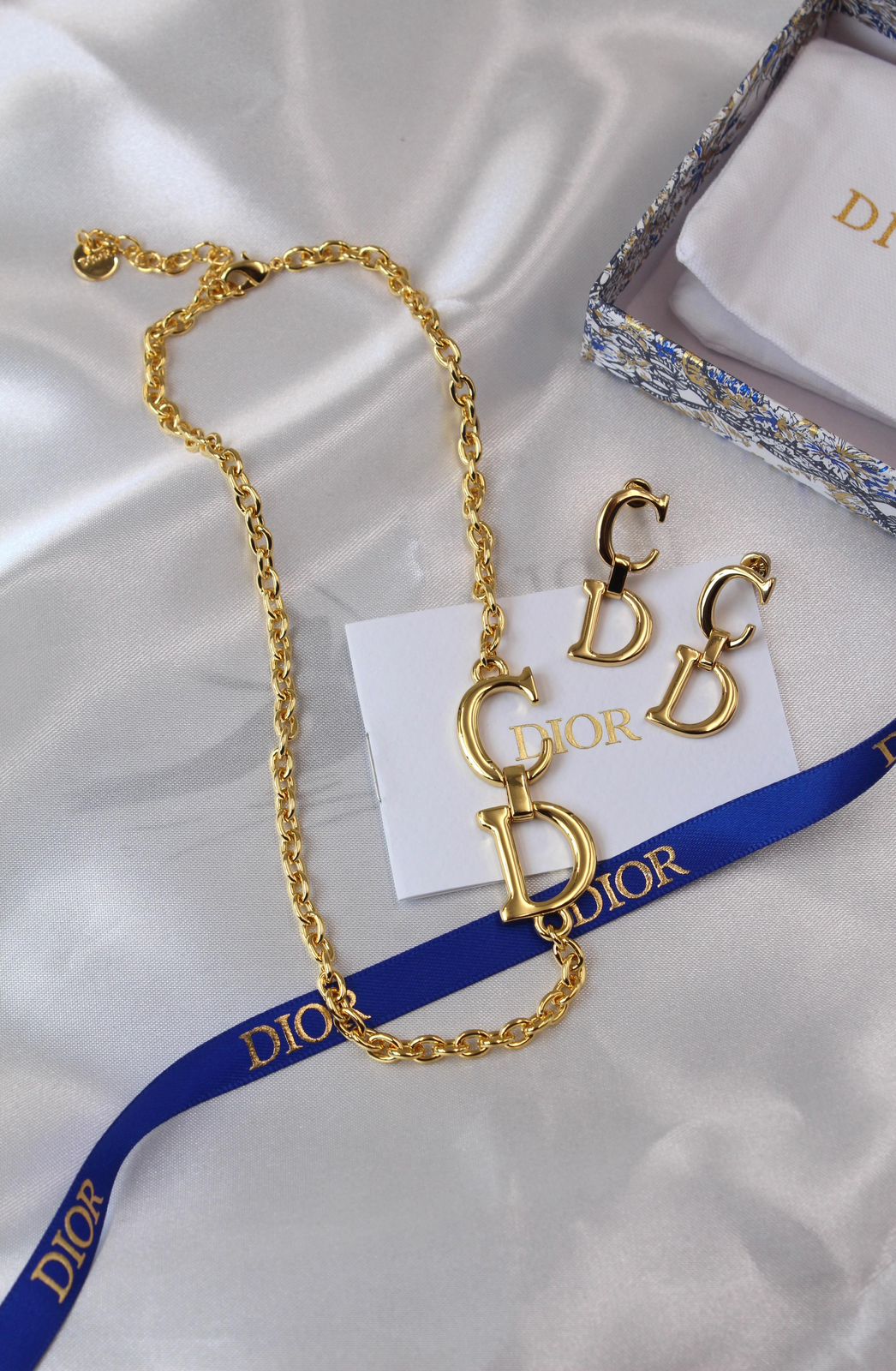 Dior CD Navy Necklace and Earring Set (Gold)