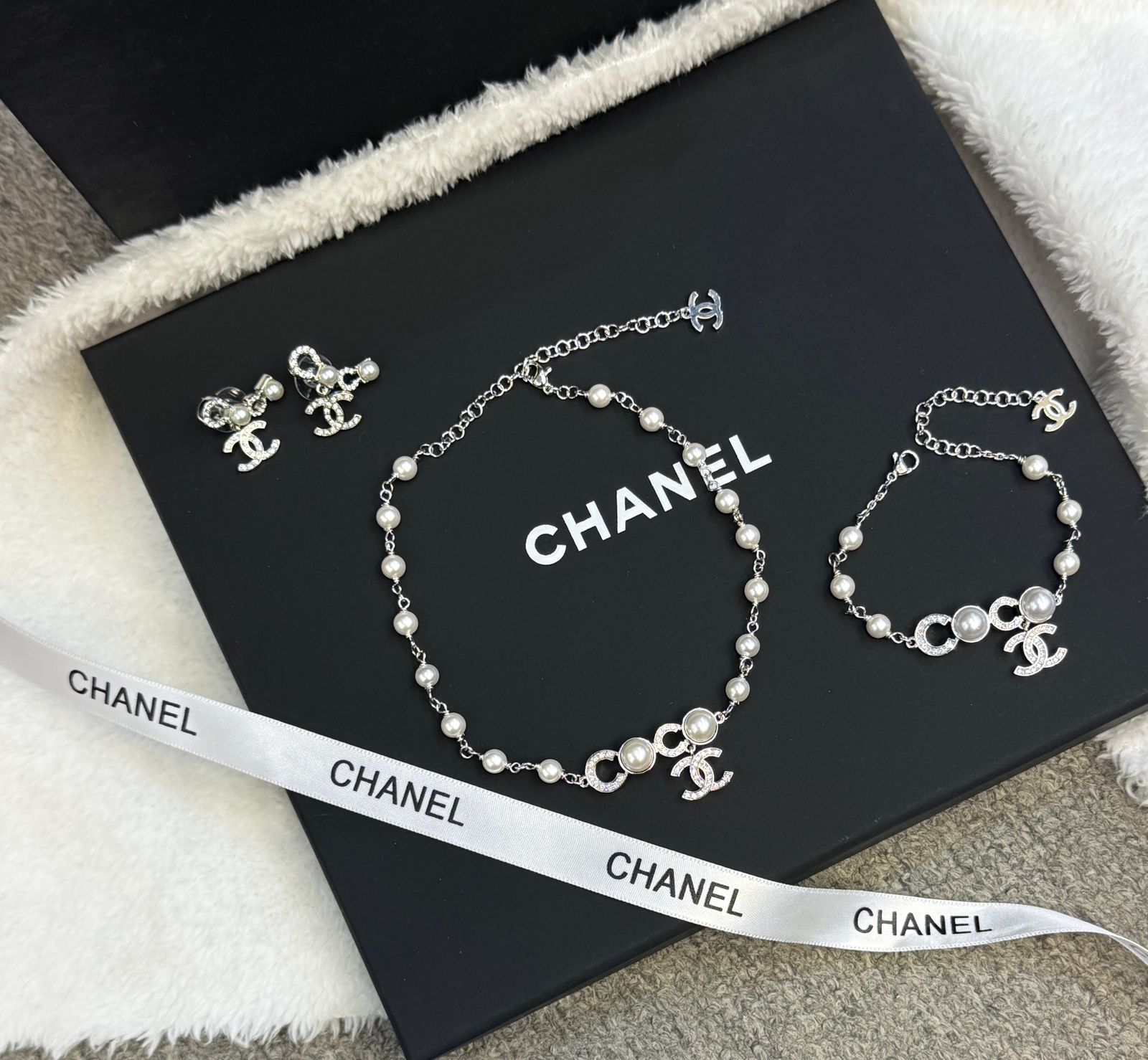 Chanel Costume Jewelry Set with Pearls and Crystals (Silver-Tone)