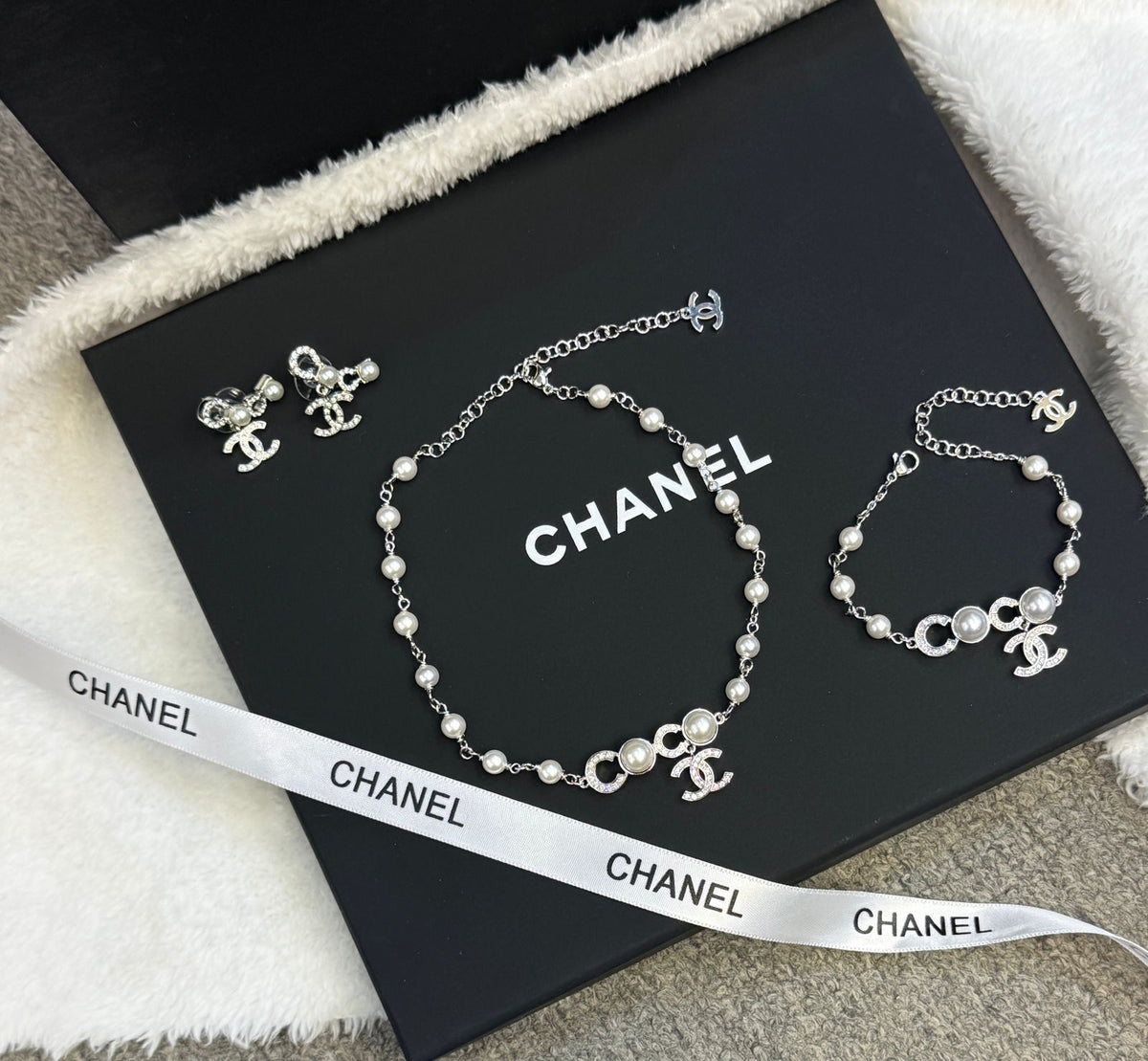 Chanel Costume Jewelry Set with Pearls and Crystals (Silver-Tone)