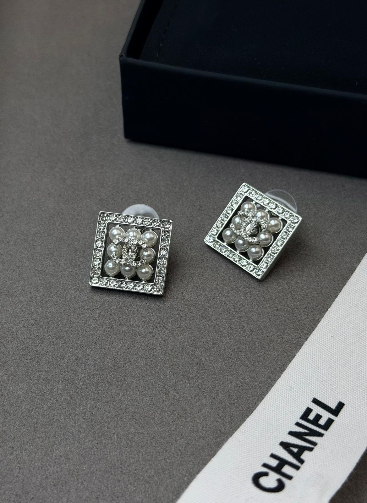 Chanel Square CC Stud Earrings (Silver with Crystals and Resin Pearls)
