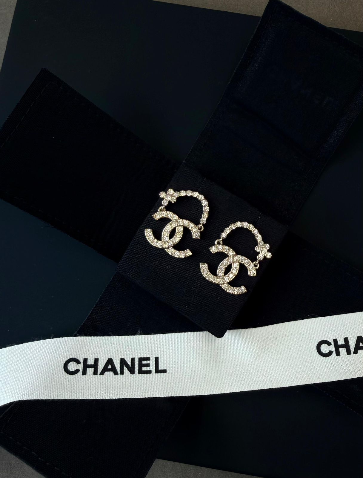 Chanel CC Hoop Drop Earrings (Gold / Crystal)