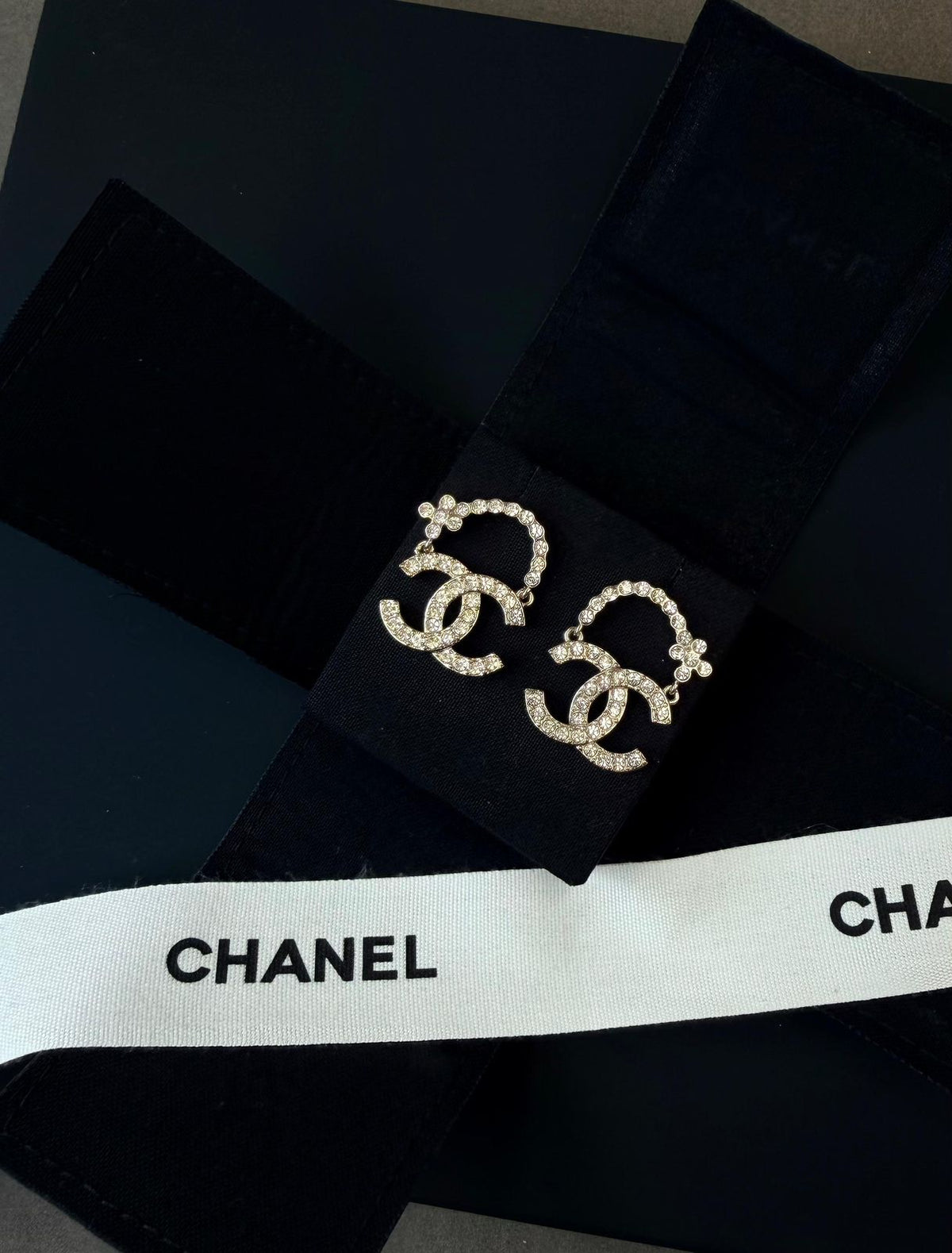 Chanel CC Hoop Drop Earrings (Gold / Crystal)