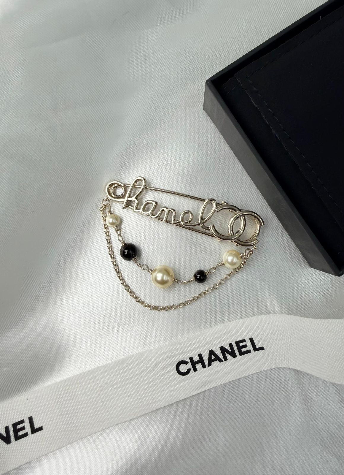 Chanel Script Logo Safety Pin Brooch (Champagne Gold/Pearl/Black)