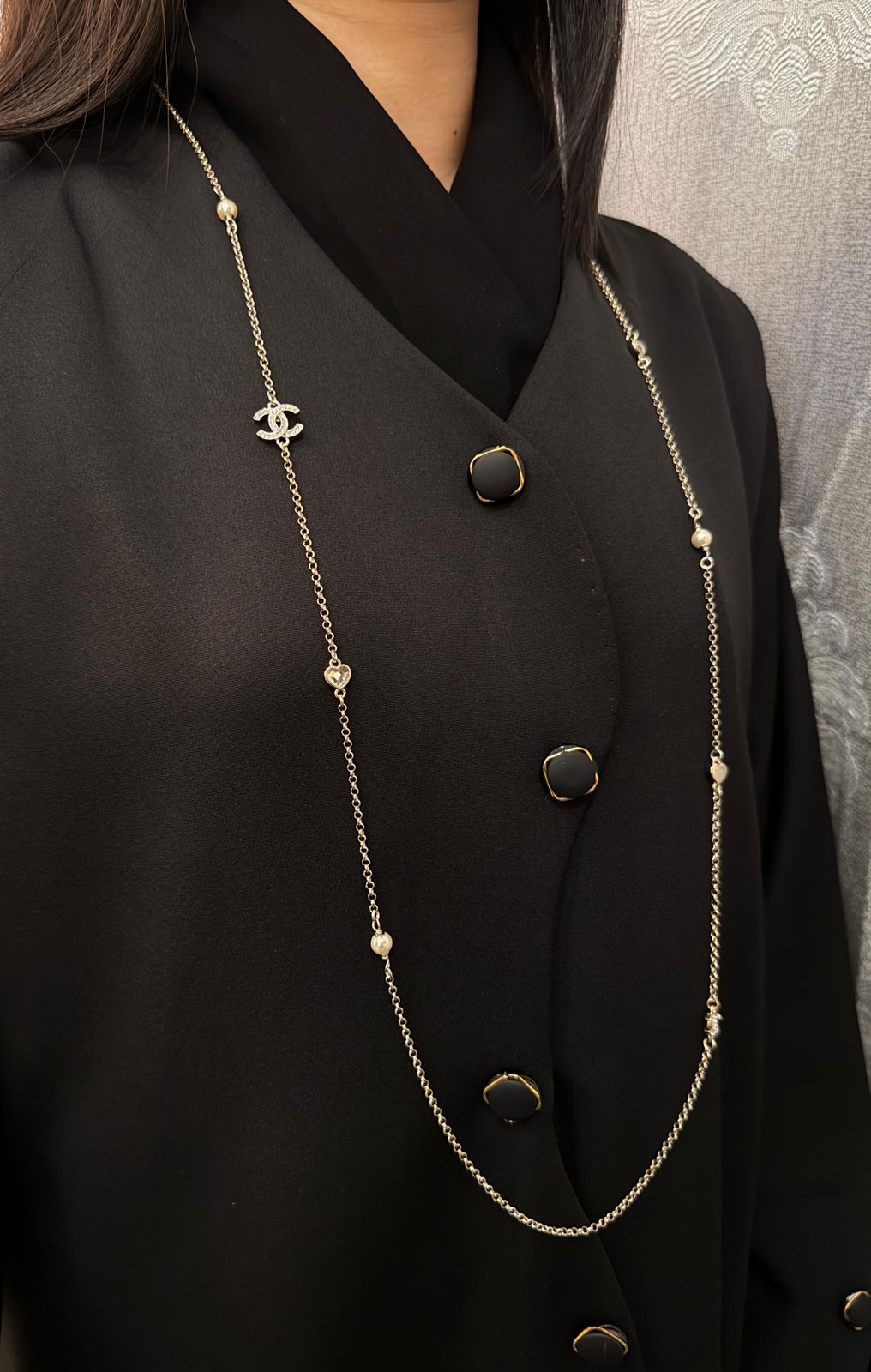 Chanel CC Heart & Pearl Long Sautoir Necklace (Gold/White/Crystal)