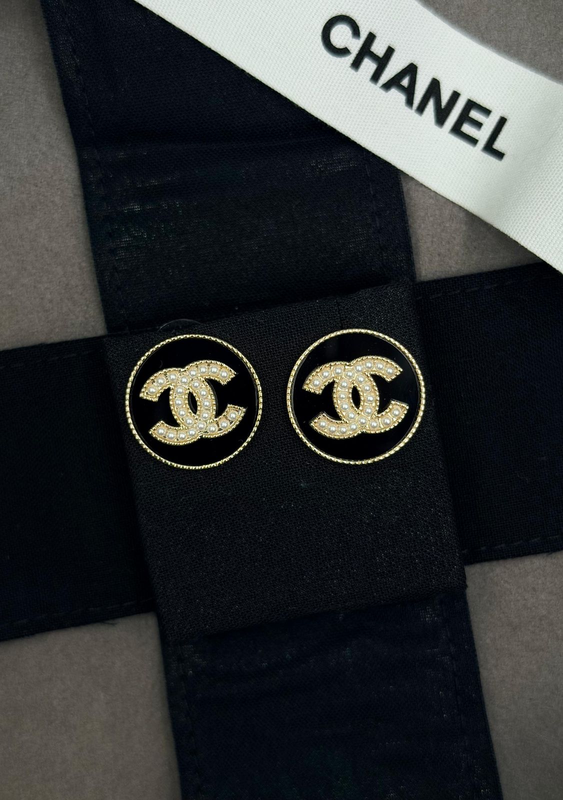 Chanel CC Pearl Round Button Earrings (Gold/Black/White)