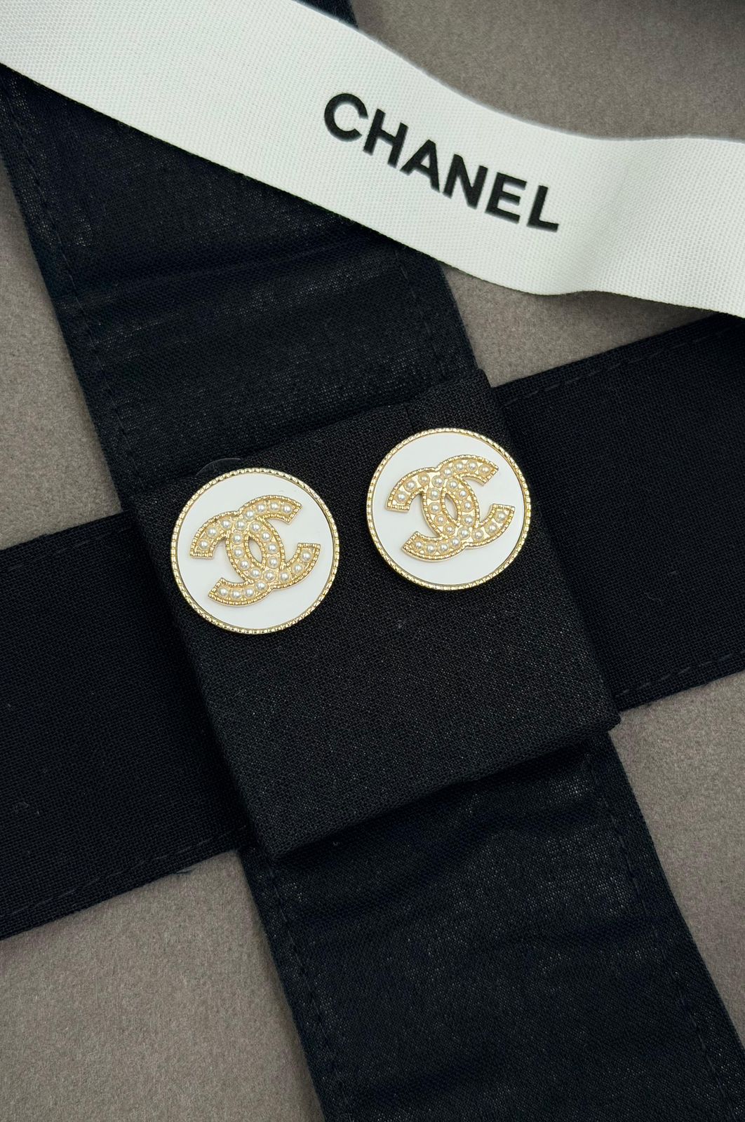 Chanel CC Pearl Round Button Earrings (Gold/White)