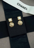 Chanel CC Square & Round Pearl Drop Earrings (Gold/Cream)