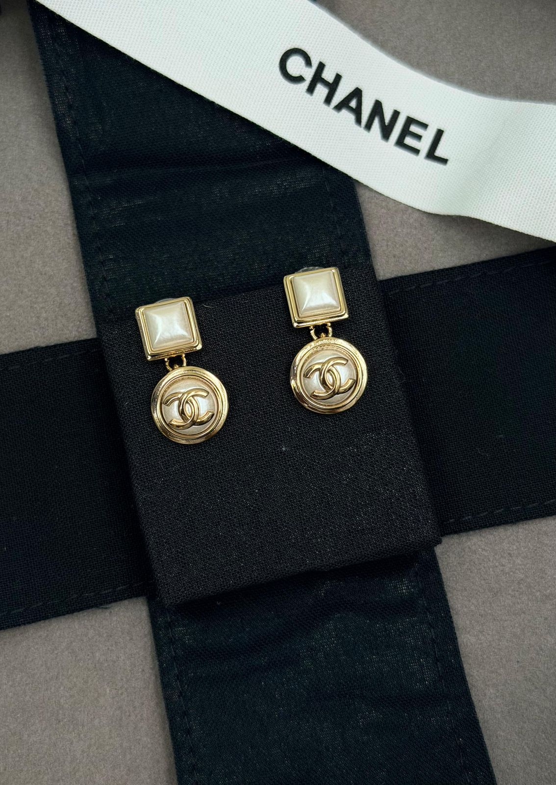 Chanel CC Square & Round Pearl Drop Earrings (Gold/Cream)