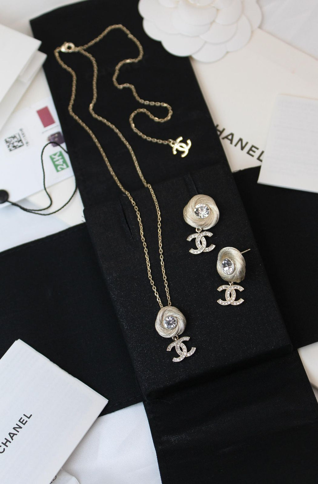 Chanel CC Camellia Swirl Jewelry Set (Champagne Gold/Crystal)