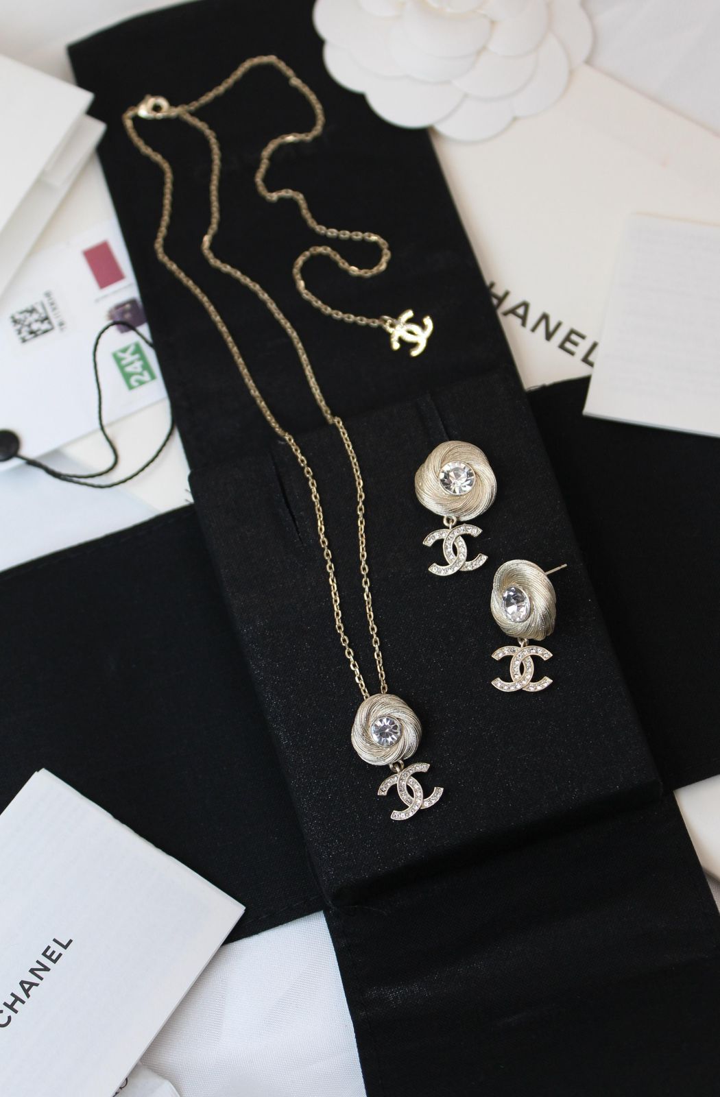 Chanel CC Camellia Swirl Jewelry Set (Champagne Gold/Crystal)
