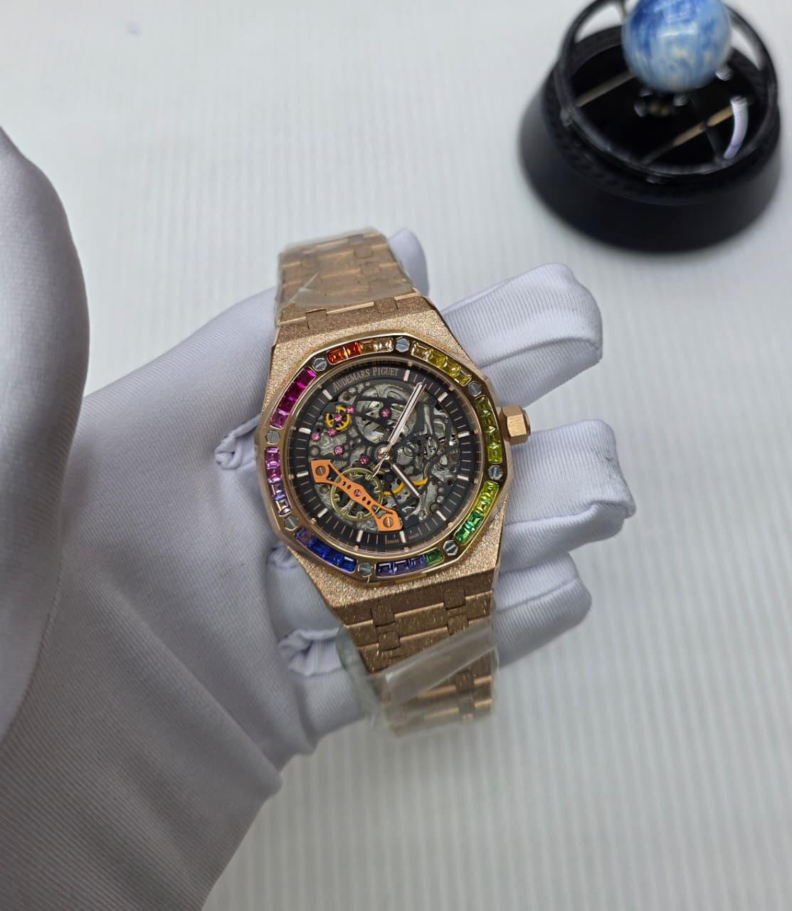 Audemars Piguet Royal Oak Double Balance Wheel Openworked Frosted Gold "Rainbow" (Frosted Rose Gold / Black Dial)