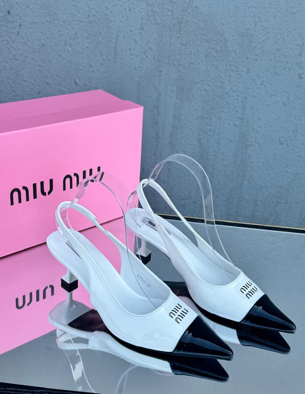 Miu Miu Patent Leather Slingback Pumps (White/Black)