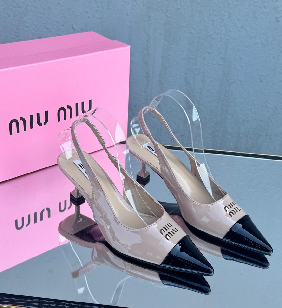 Miu Miu Patent Leather Slingback Pumps (Beige/Black)
