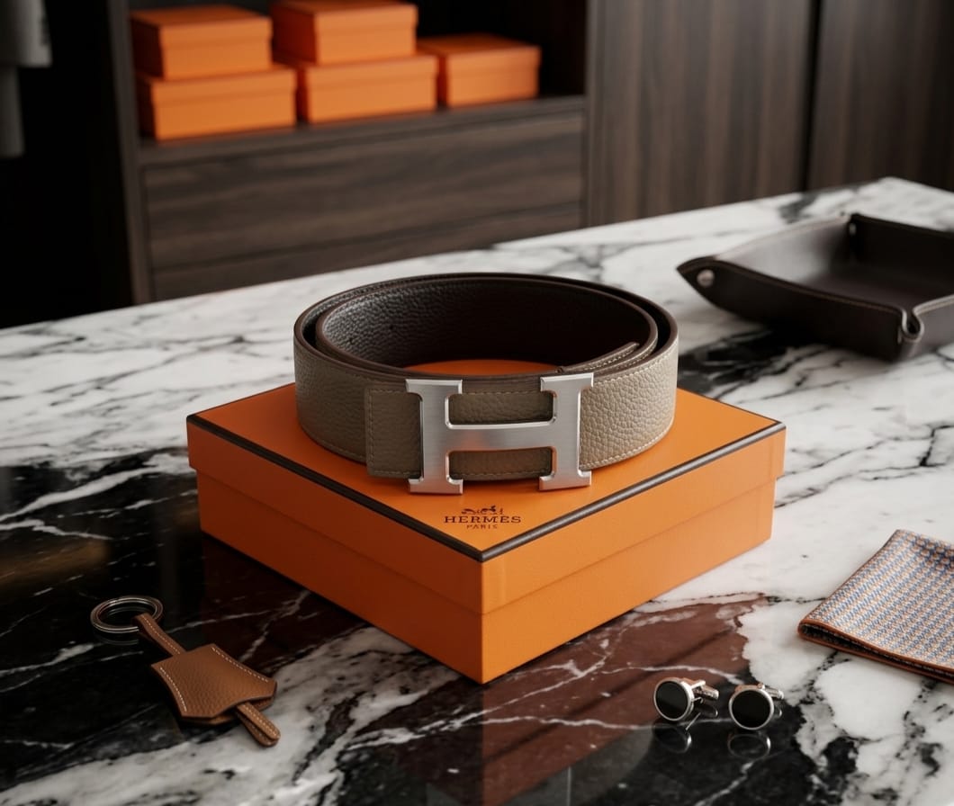 Hermès H Au Carre Reversible Belt (Etoupe / Brushed Silver)