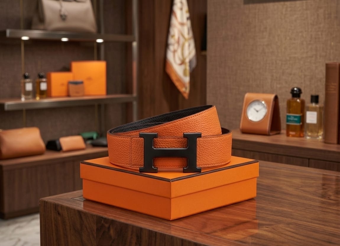 Hermès H Au Carre Reversible Belt (Orange / Matte Black)