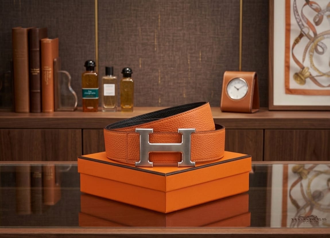 Hermès H Au Carre Reversible Belt (Orange / Brushed Silver)